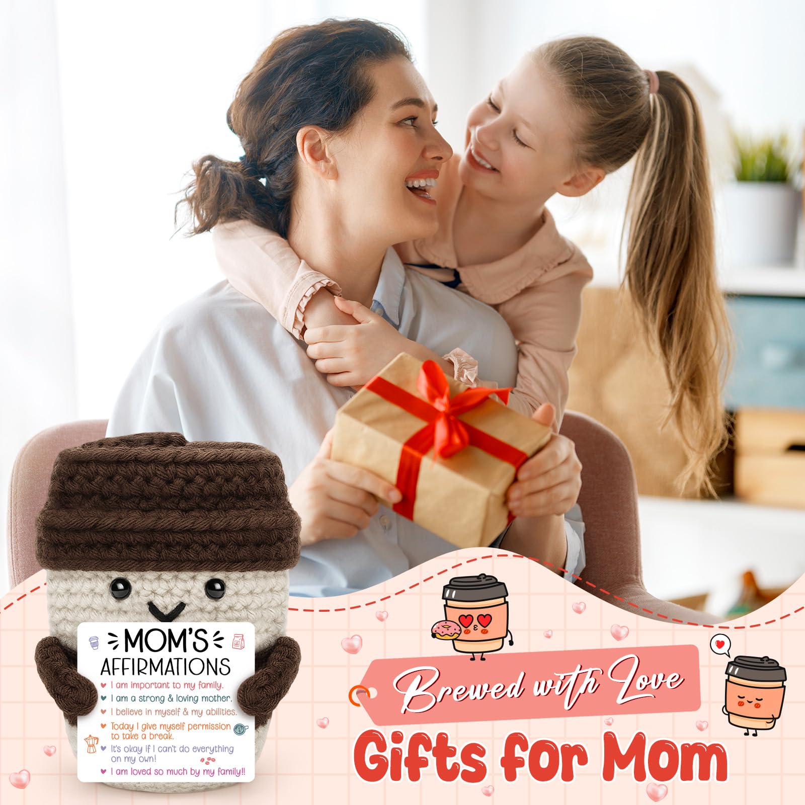 Agantree art Birthday Mom Gifts from Daughter Son Best Mom Affirmations Gifts for Mama Bonus Step Moms Mother Handmade Crochet Coffee Mug I Love You Gifts for Mom Positive Cute Small Decor