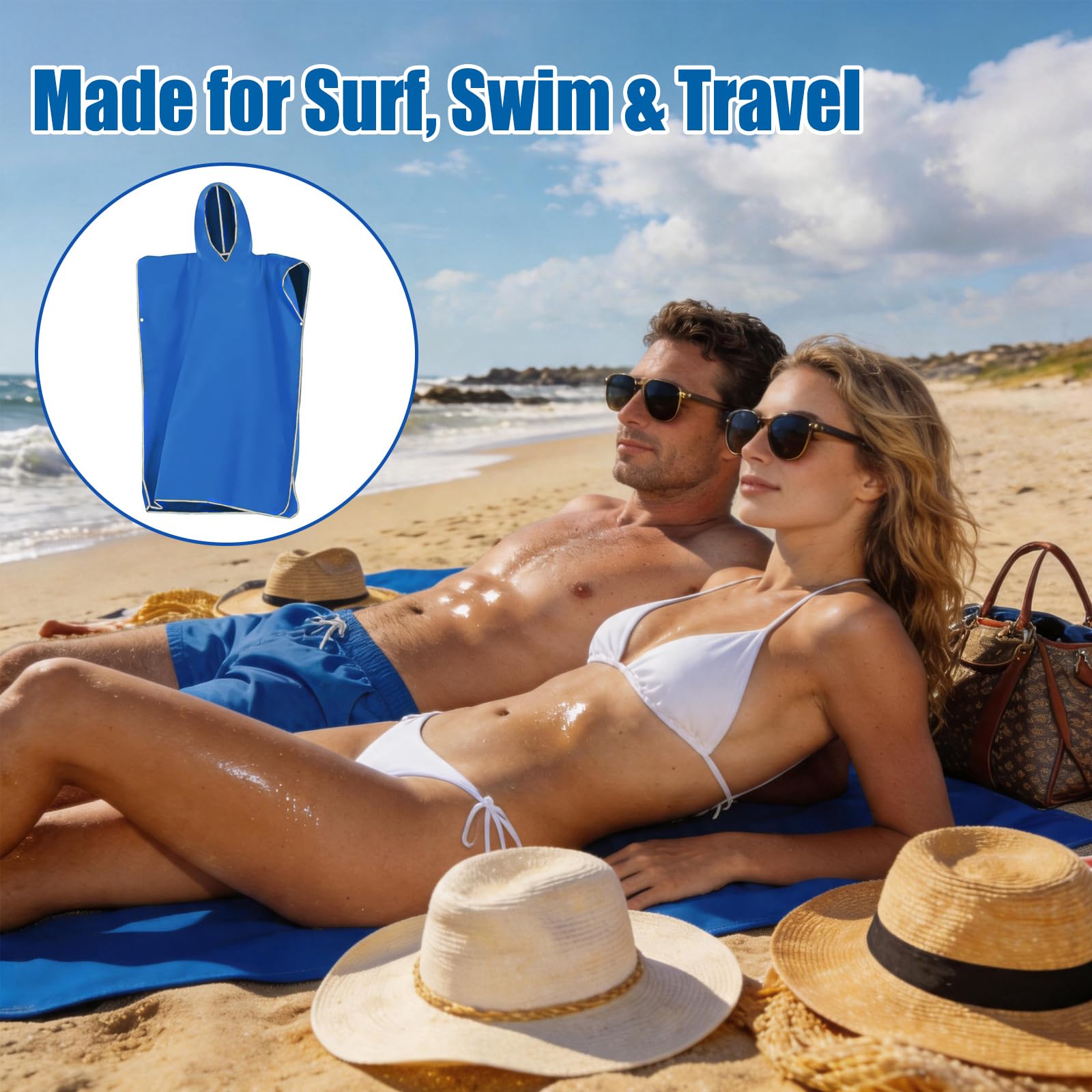Poncho Surf Microfibra con Capucha, Toalla Poncho Secado Rapido Ligero y Compacto, Albornoz Cambiador Unisex para Playa Natacion Piscina Deportes Acuaticos Surf Viaje (Grande)