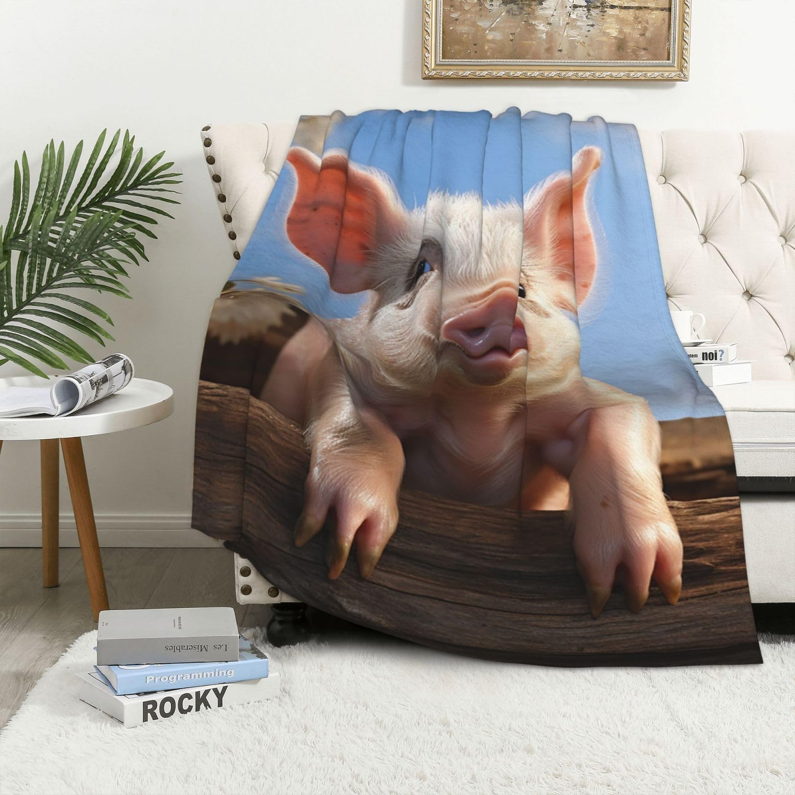 Couverture polaire pour canapé et lit chaude et légère motif cochon rigolo
