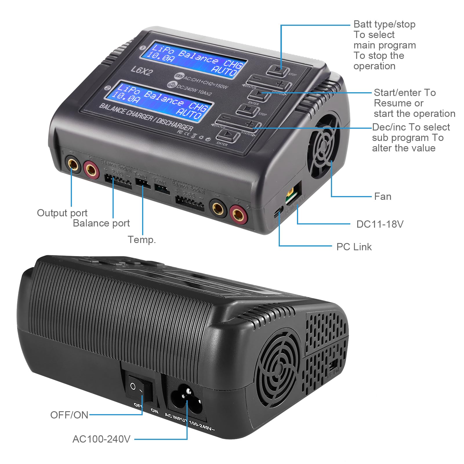 Haisito Lipo Akkus Dual Entlader RC Balancer Ladegerät/Entlader für Lilon LiPo Life LiHV NiCd NiMH PB Smart Batterie Dual-Multi-Ladegerät AC 150W / DC 240W 10A für RC Car Drohne Batterien