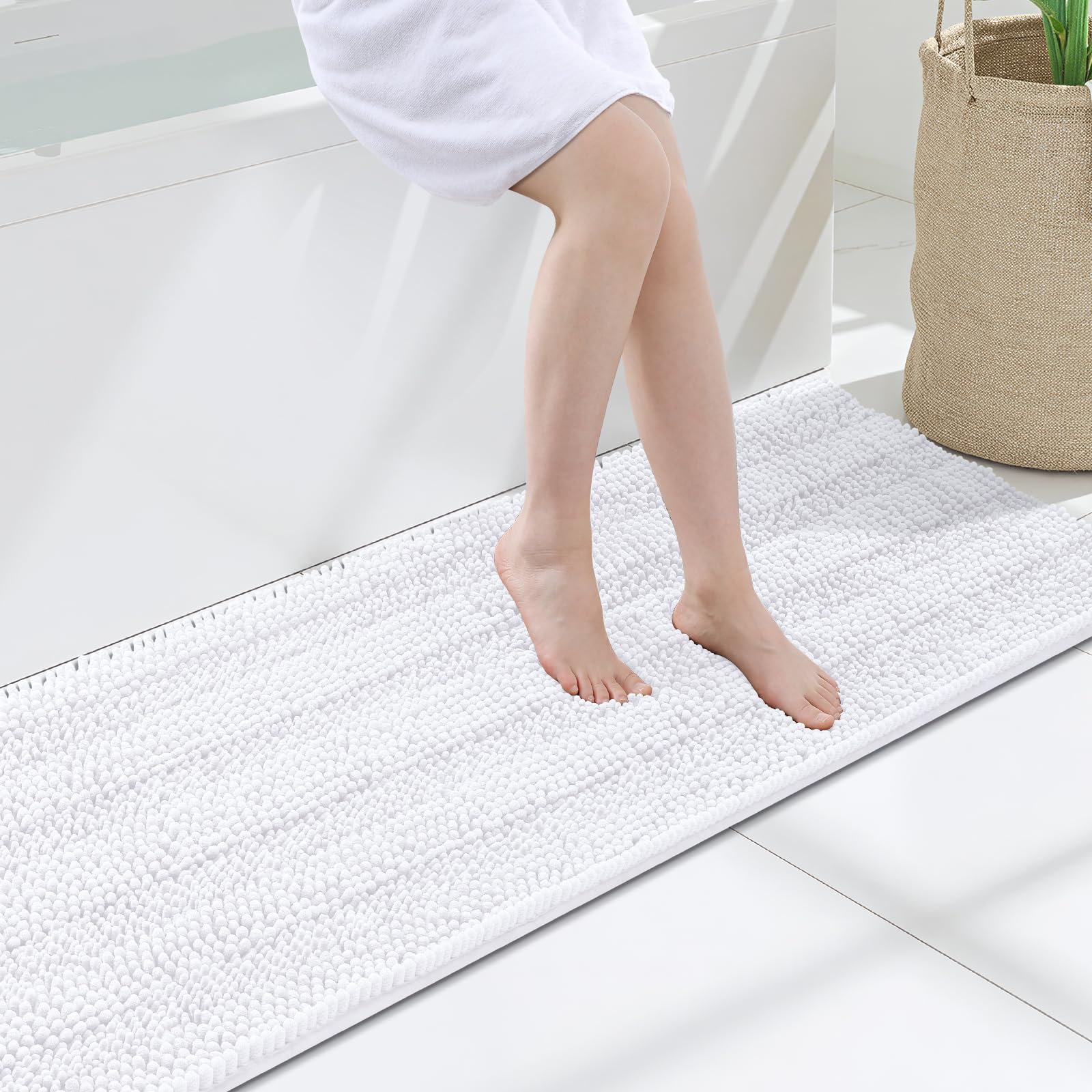 Grandaily Chenille Bathroom Rugs 47x17, Soft Bath Mats, Solid White