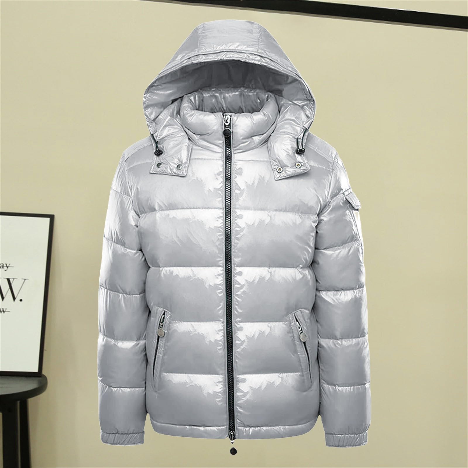 Piumino lucido da donna, giacca invernale, impermeabile, antivento, trapuntata, lunga con cappuccio, caldo cappotto invernale, con chiusura lampo, piumino per attività all'aria aperta, giacca per le