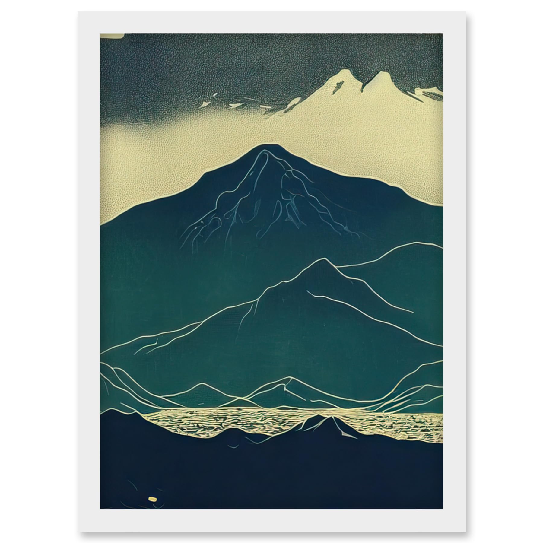 Artery8 Scottish Highlands Lake Mountains Blue Linocut Artwork Framed Wall Art Print A4