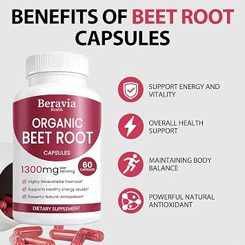 Organic Beet Root Capsules, Beetroot Capsules 1300mg | 60 Capsules, 30-Day Supply | Health & Energy Support | Natural, Vegan & Non-GMO | Beet Root Supplement for Women & Men (1 Bottle)