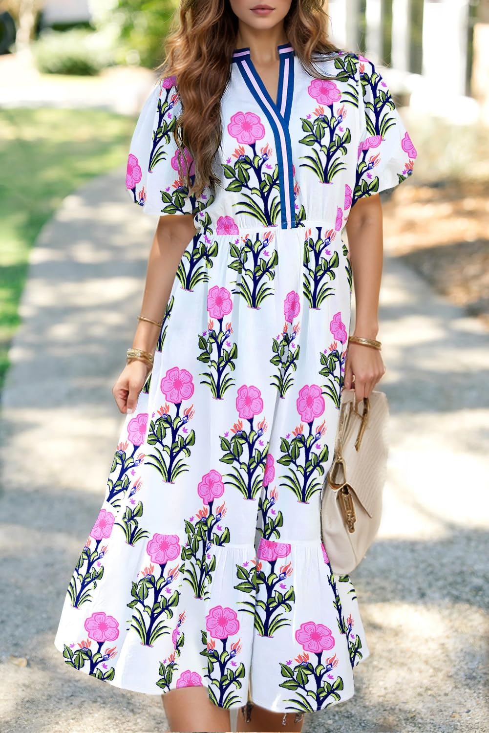 Wolddress Womens Summer Dresses 2026 Casual Puff Short Sleeve V Neck High Waist Flowy Long Maxi Dress - Image 2