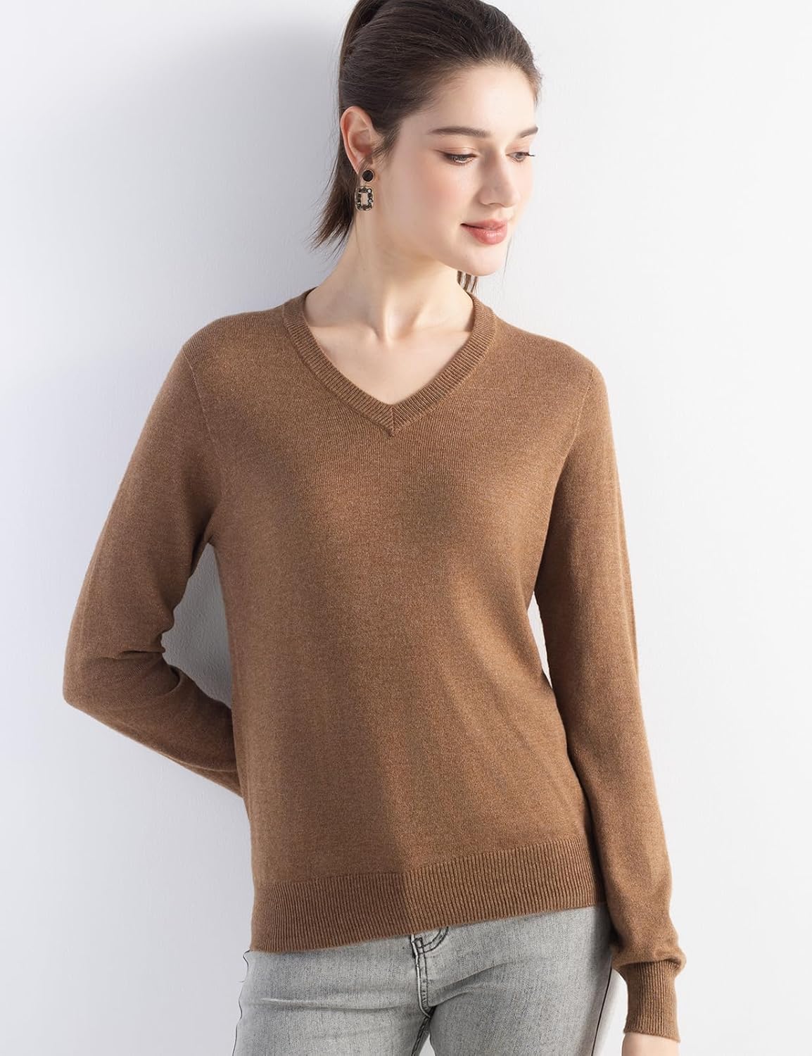 Women's Merino Wool Blend Sweater Fall Winter V Neck Long Sleeve First-Line Ready to Wear Seamless Knit Sweater - Image 3