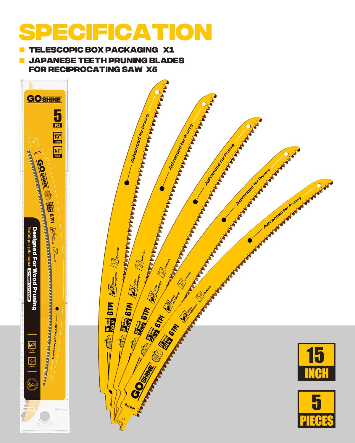 goshine Paquete de 5 hojas de sierra alternantes de dientes japoneses de 15 pulgadas, hojas de sierra de podar madera con borde de arco 6TPI para podar árboles, cortar madera,
