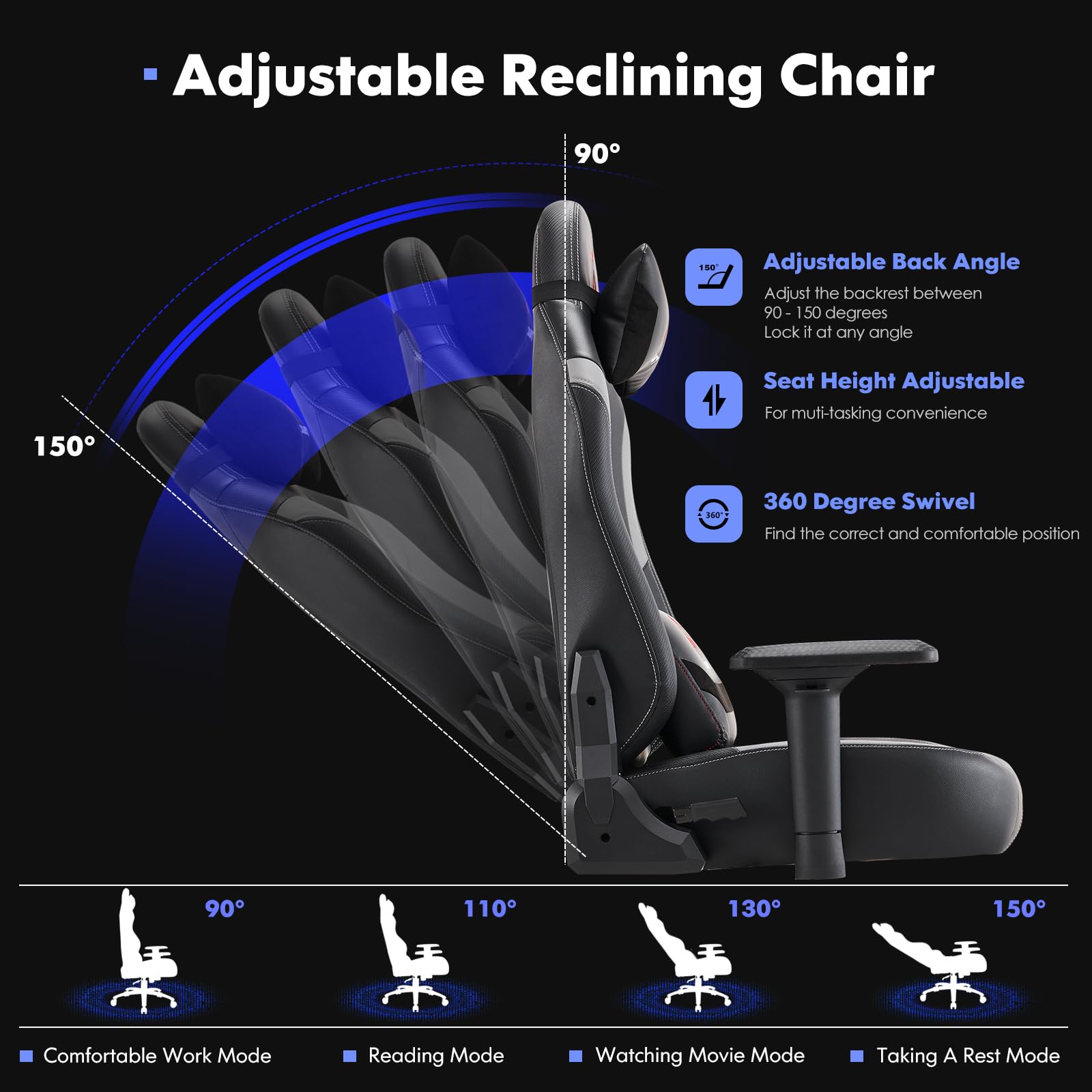 Big And Tall Gaming Chair With Retractable Footrest - 350lb Capacity, Reclining, 3D Armrests, Black