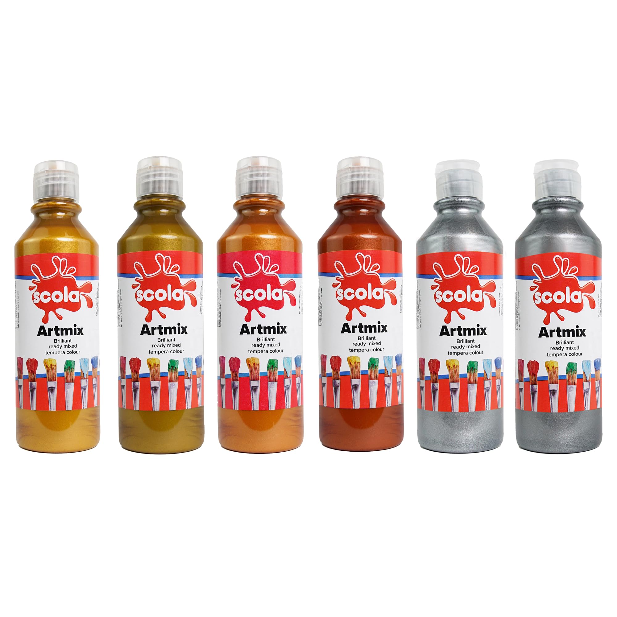 Scola Readymix Water Based Tempera Paint, 6 Assorted Metallic Colours, 300ml Bottles, Safe Non-Toxic Poster Paints, Craft Projects, Suitable for 3+