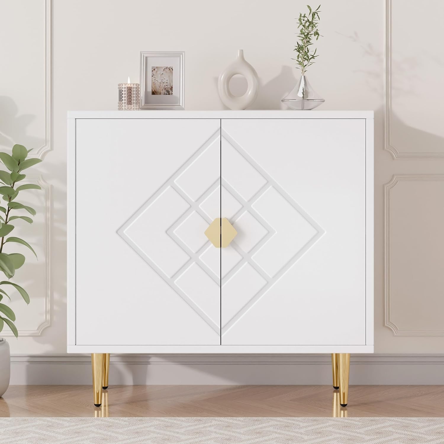 TOLEAD Storage Cabinet, Modern Accent Cabinet with Decorative Diamond Pattern Doors, Accent Sideboard Storage Cabinet for Living Room, Kitchen, Hallway, White