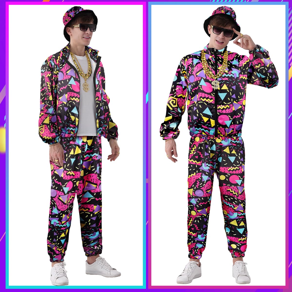 Tuta da uomo anni '80 e '90, costume da jogging, set di pantaloni, ghettoblaster gonfiabile, marsupio, occhiali da sole, cappello, collana, bracciale, anello, abbigliamento sportivo hip hop, carnevale