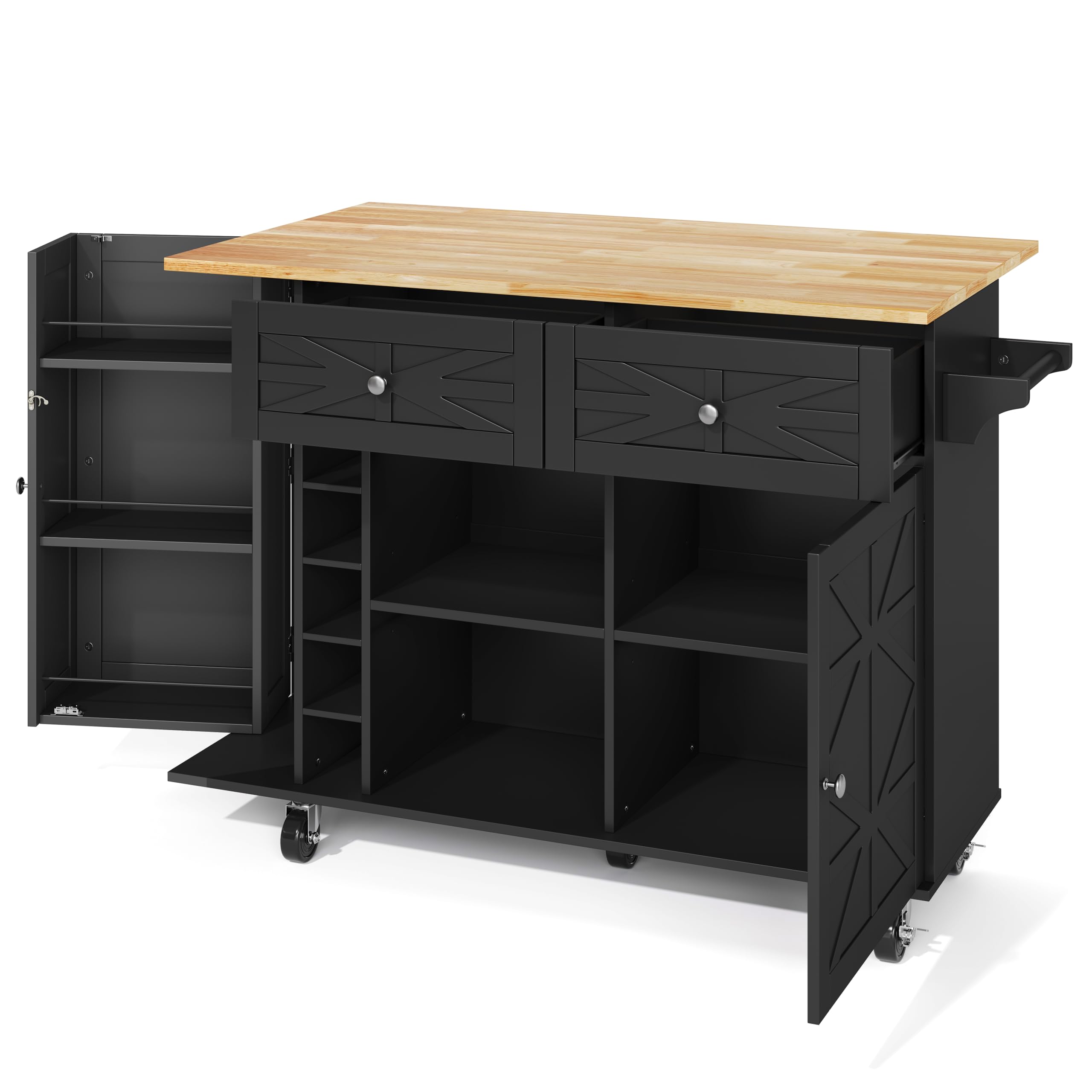 Generisch Isla de cocina plegable con ruedas, espacio de almacenamiento, color negro, 120 x 70 x 89 cm