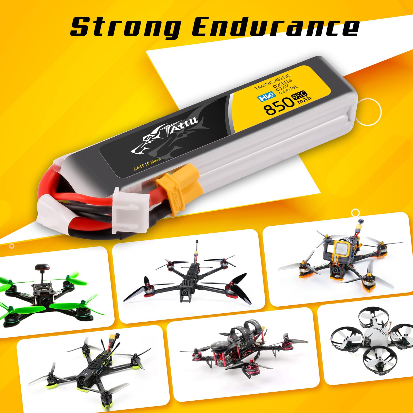 TATTU 2s Lipo akumulator 850mAh 95C 7.6 V HV LiPo Długa kumulator z wtyczką XT30 do samochodu Quadrocopter wyścigowy FPV H z ramą UAV