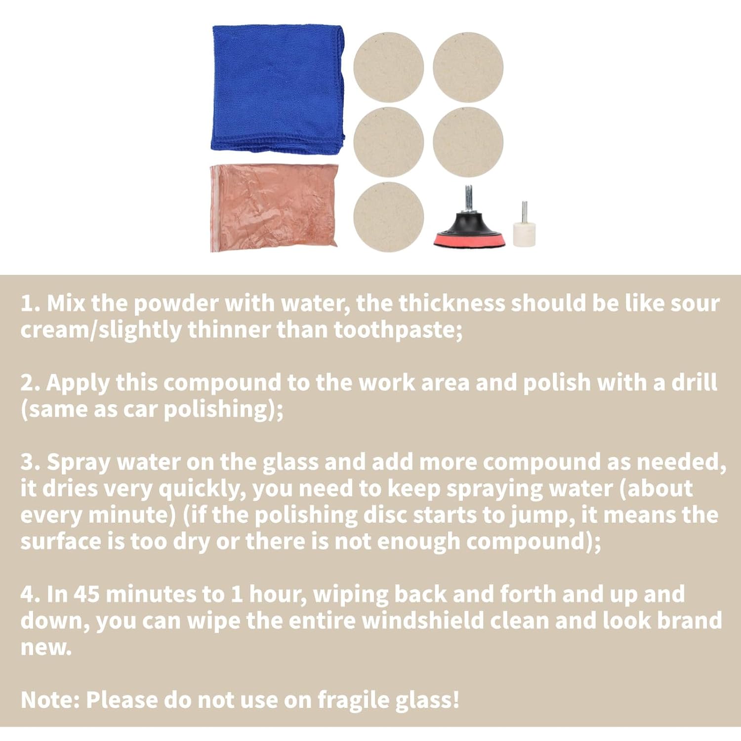 Glass Polishing Kit, Yctze 100g Cerium Oxide Powder Polish Kit for Car Windscreen Glass, Restores Scratched, Removes Blade Damage, Scuffs and Water Deposits