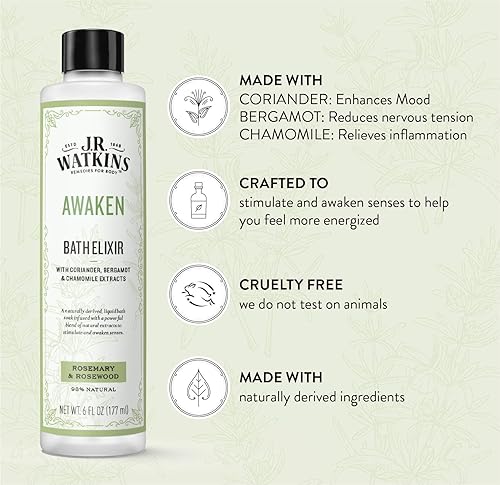 Miniatura 2 de J.R. Watkins Awaken - Elixir de baño, remojo líquido de baño, romero y palo de rosa con extractos naturales, sin sal, sin residuos, 6 onzas