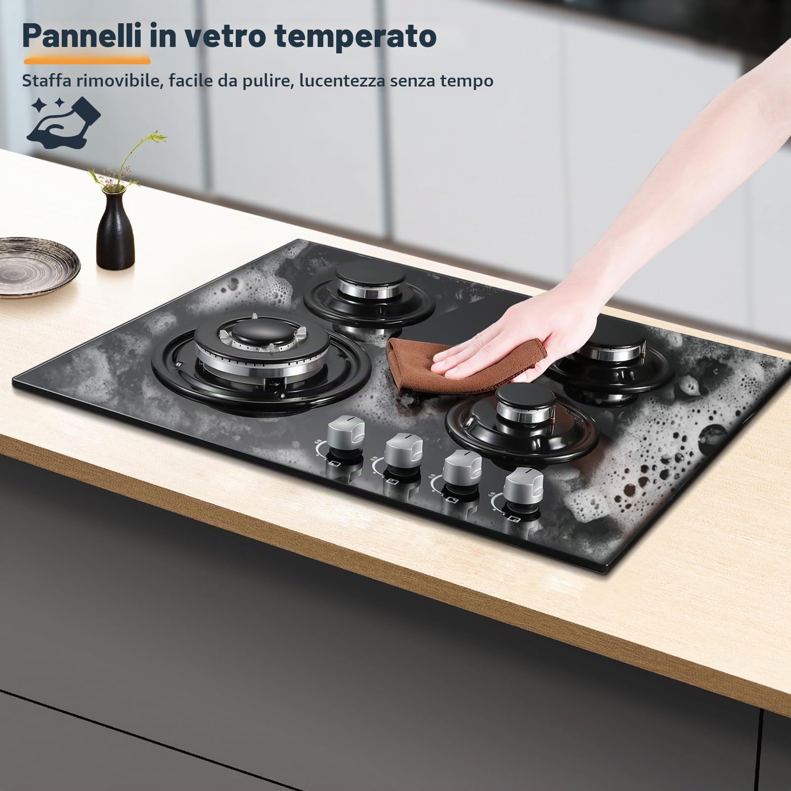TopStrong Piano Cottura 4 Fuochi Gas, Piano Cottura Gas Vetro Incasso, Protezione Flame-Out, Gas Naturale/Propano, 8060W, Nero, 220-240V