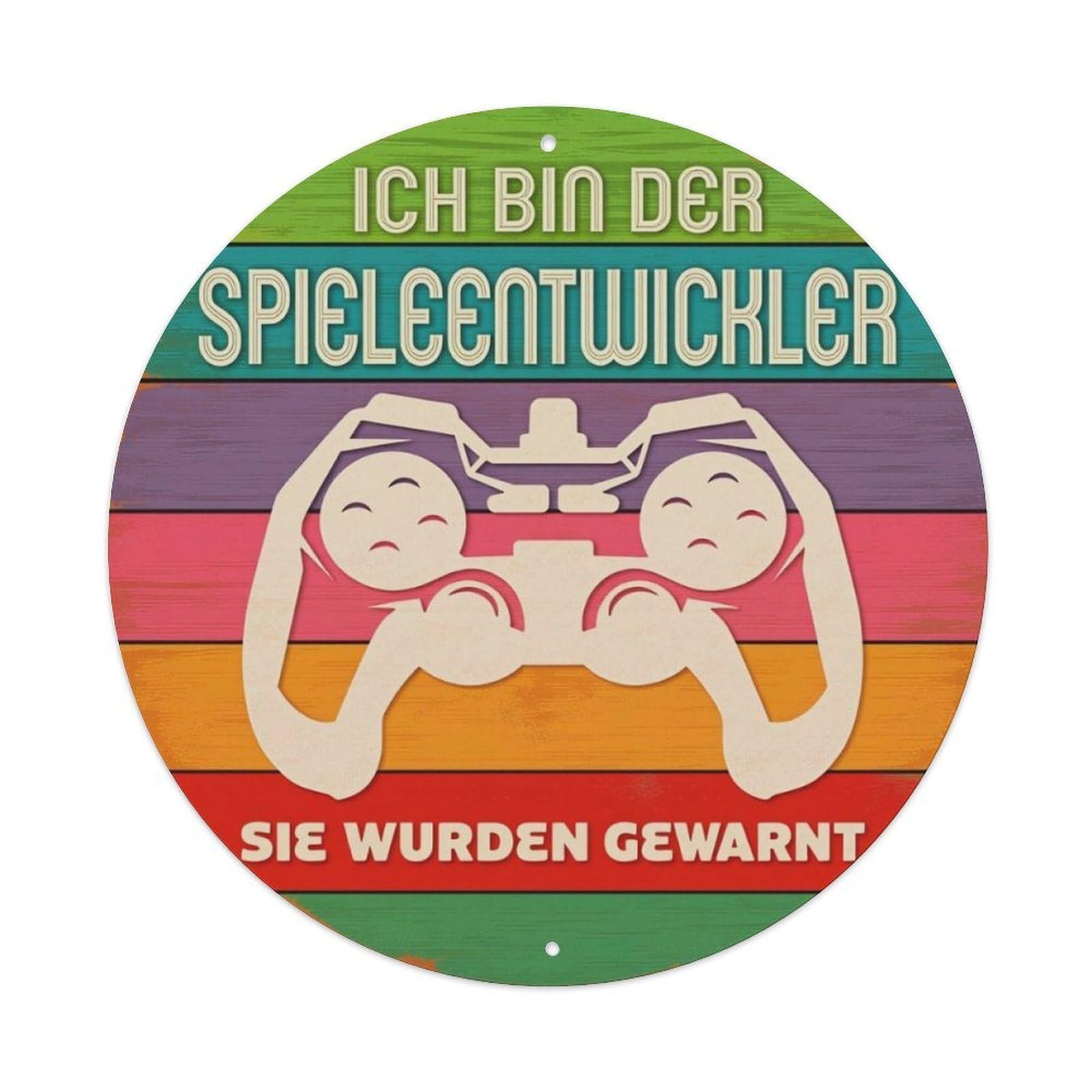 Vintage Rainbow Game Controller German Slogan Round Metal Sign Vintage Aluminium Metal Sign, Retro Wall Decor for Home, Bar, Garage & Farmhouse 20x20cm