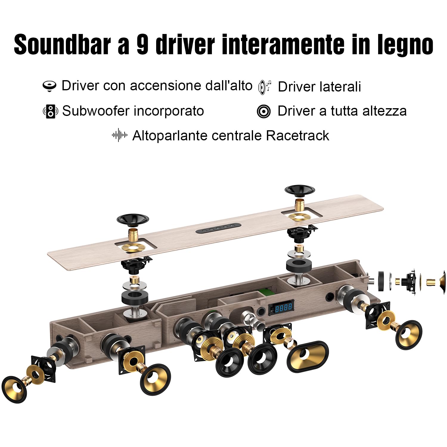 Hiwill 5.2.2 Canali Dolby Atmos Wood Sound Bar, Sound Bar All-in-One per Smart TV con Doppio Subwoofer Integrato, Sistema Audio Surround da 400 W per Altoparlanti TV, WoNoble A502