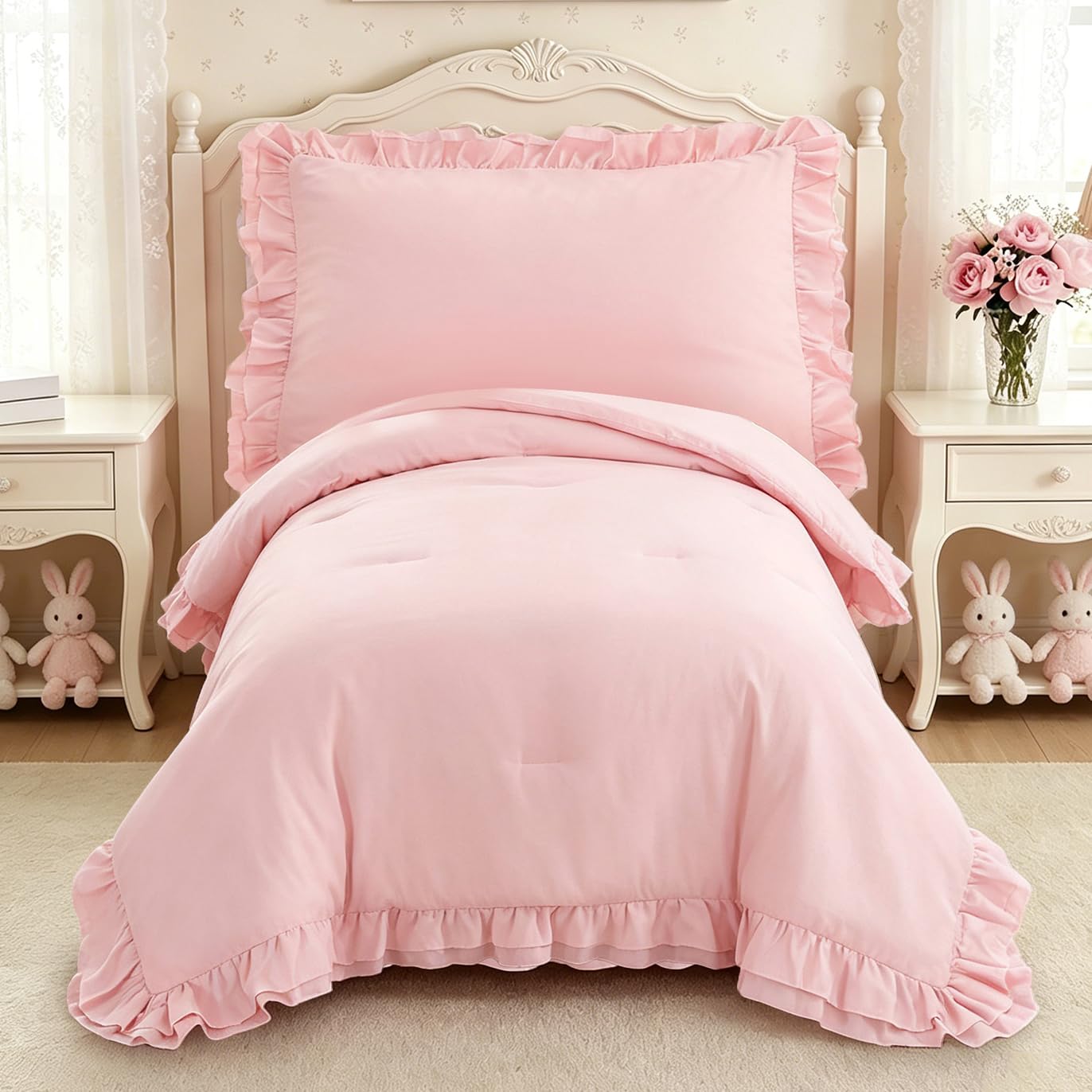 Juego de ropa de cama rosa claro, ropa de cama de 4 piezas para niñas pequeñas, edredón bohemio con diseño de volantes, juego suave y transpirable con edredón, sábana bajera, sábana encimera