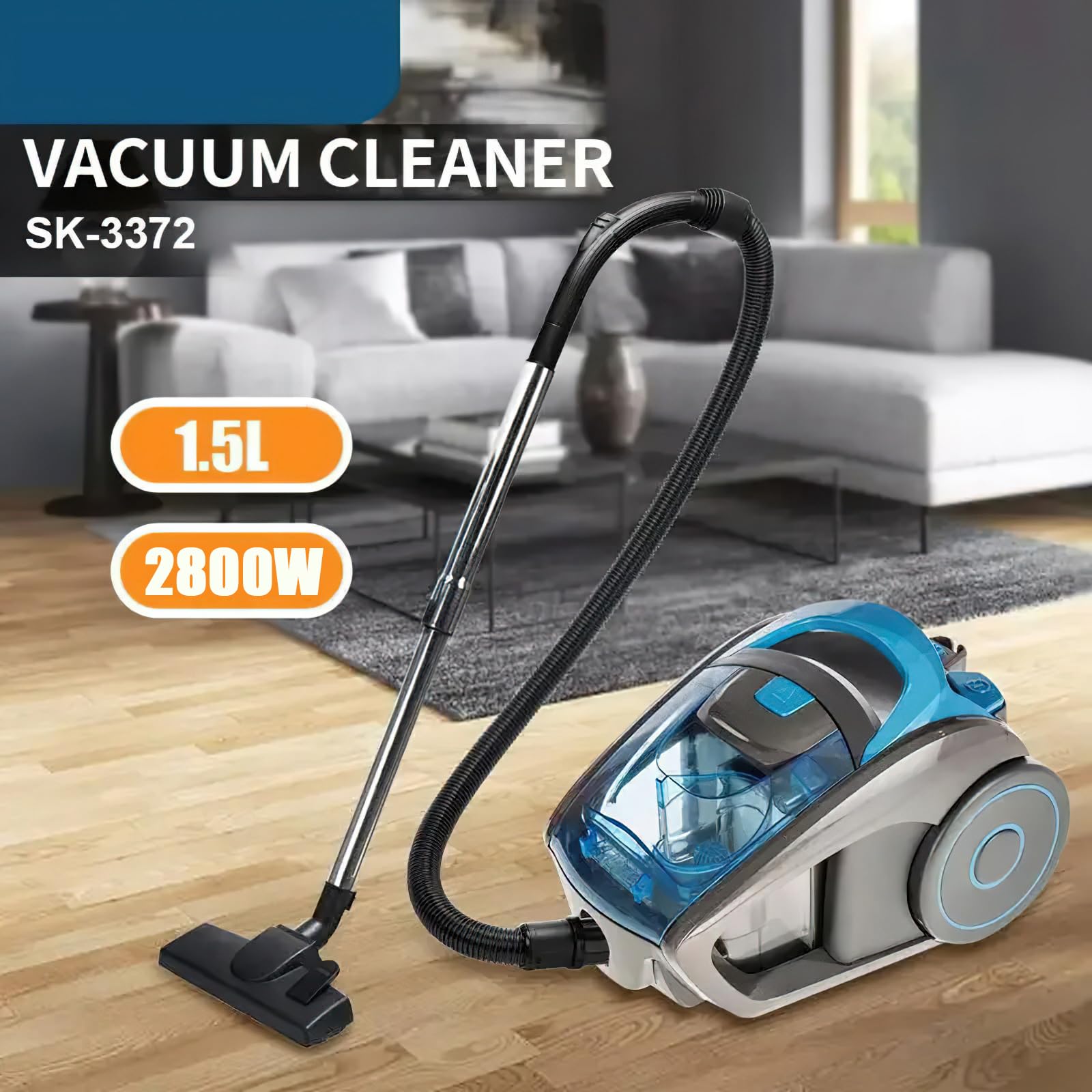Aspirador sin bolsa, 2800 W Aspirador compacto silencioso, con sistema de filtración Hepa,Succión de 15000 PA,Radio de acción de 5 m, pelo de animales y polvo