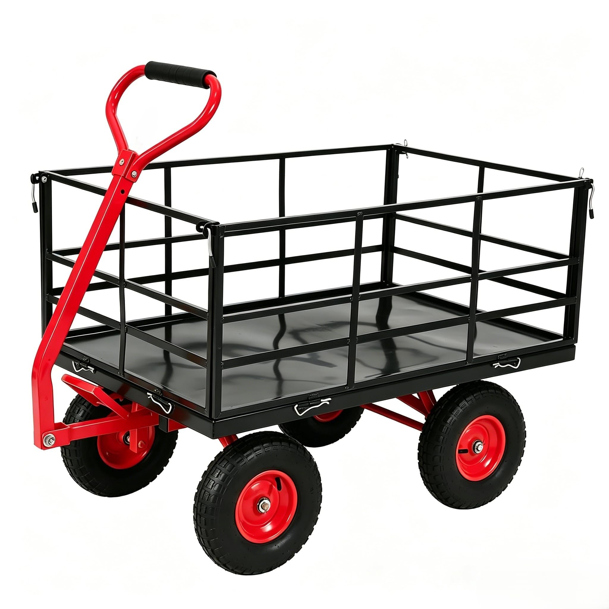1500 lbs steel garden cart, heavy duty pullable garden wagon yard cart, folding utility wagon with removable sides, garden wagon cart on wheels, dump wagon with 13 in tires180° and swivel handle