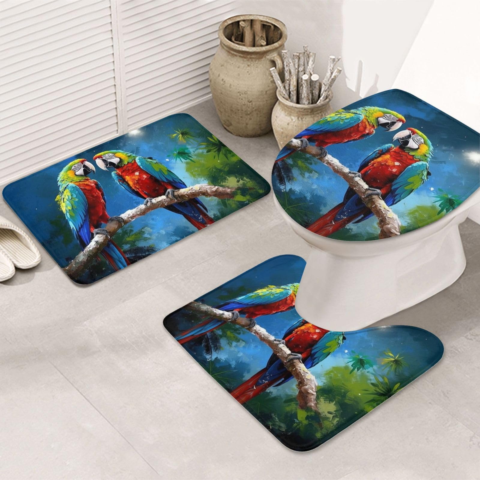 Dwrepo Parrots Print Bathroom Rug Set 3 Piece with Non-Slip U-Shaped Contour Mat and Toilet Lid Cover for Bathroom Decoration