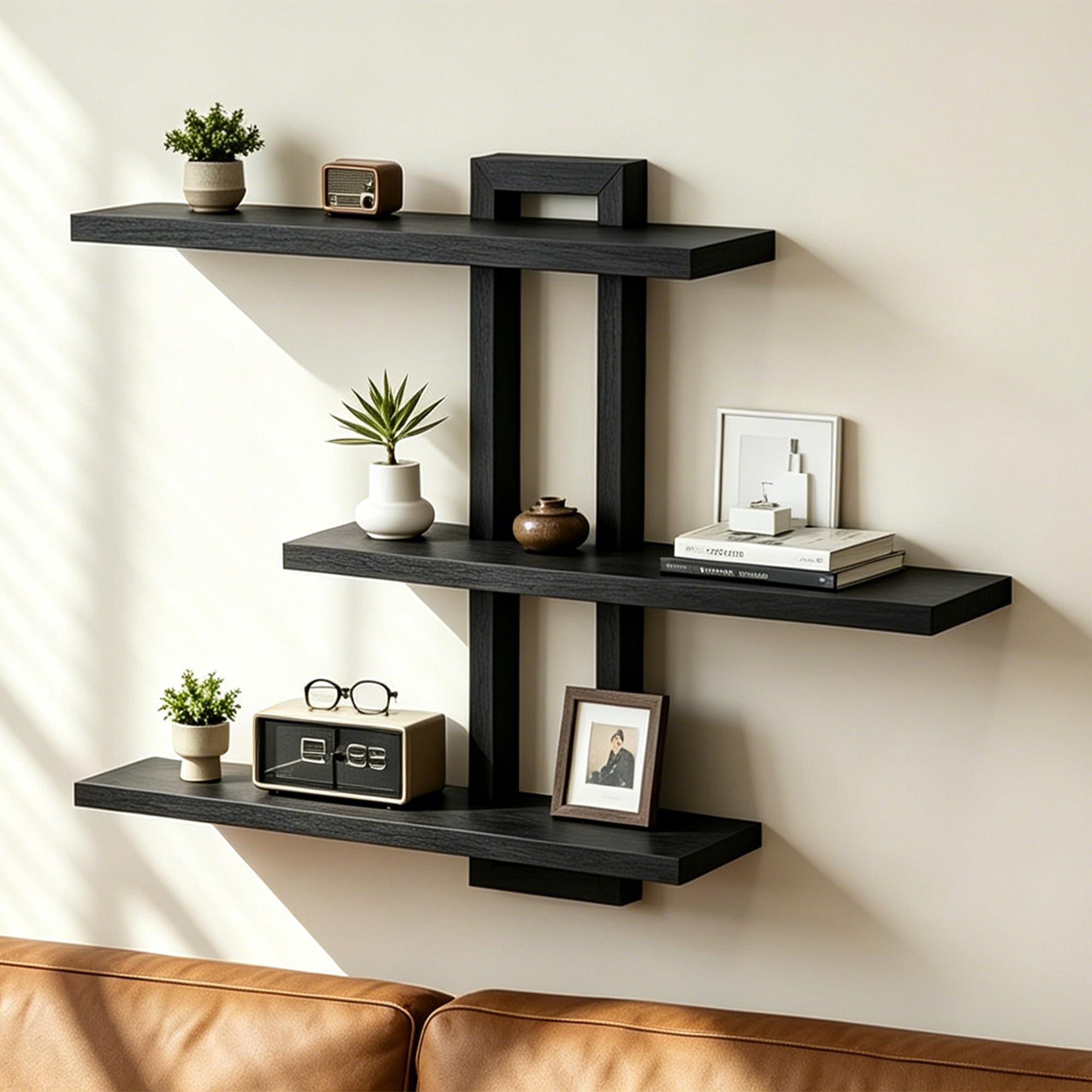 Wandregal Schwarz, großes Hängeregal aus Massivholz mit 3 Ablagen, 50 × 58 cm | Modernes Schweberegal zur Wandmontage für Wohnzimmer, Schlafzimmer, Bücher, Pflanzen und Deko