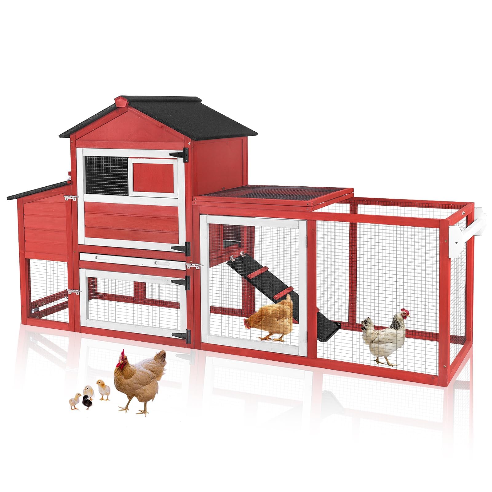 Chicken Coop Expandable Mobile Chicken House for Outdoor with Wheels, Nesting Box, Leakproof Pull-on Tray and UV-Resistant Roof Panel (Red)