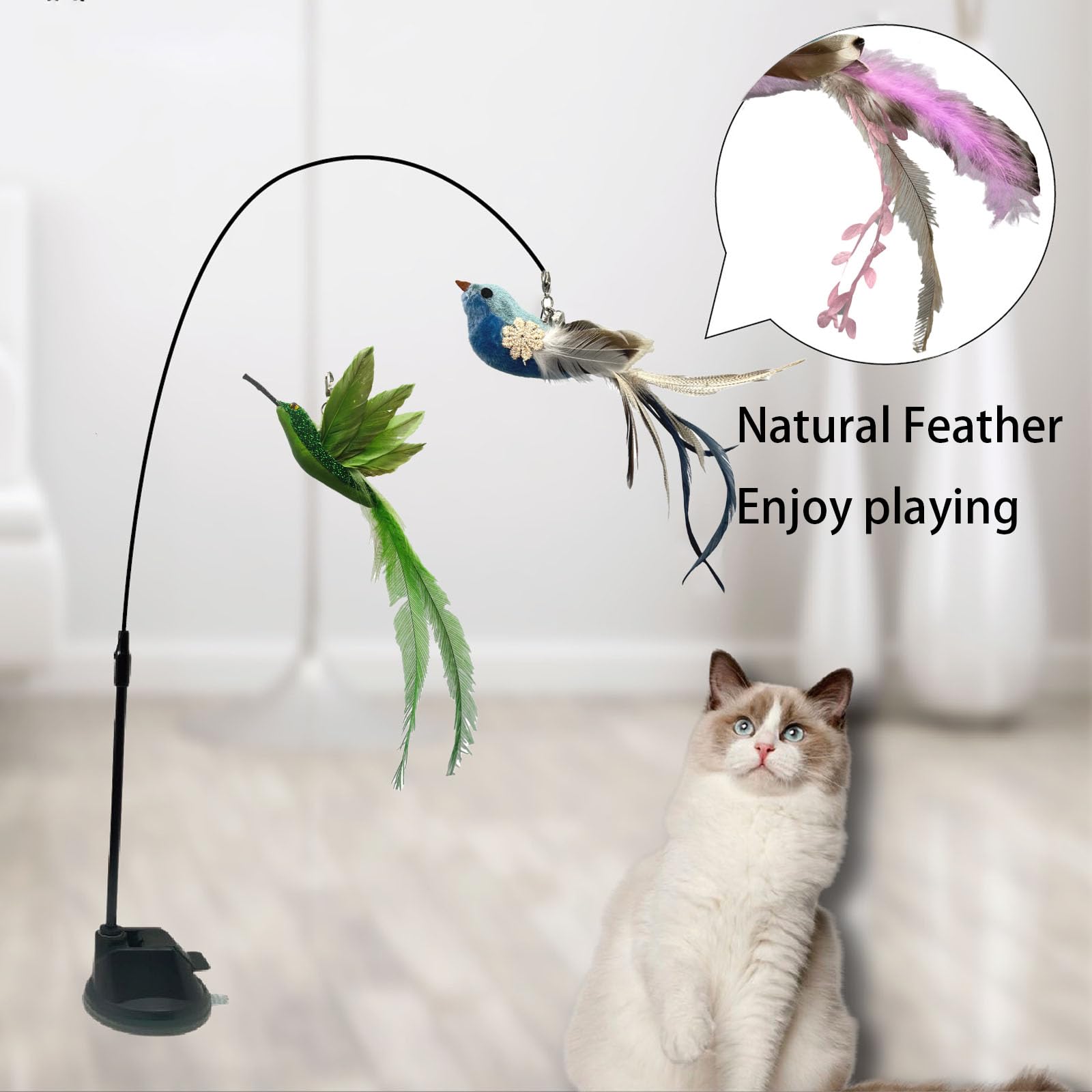 Pawdea 9PCS Flying Bird Cat Toy Set, Interactive Cat Toys with 2 Flexible Wands & Strong Suction Base, 3 Natural Bird Feather Attachments & Bell, Fun Play for Indoor Kittens, Engaging Toy Set