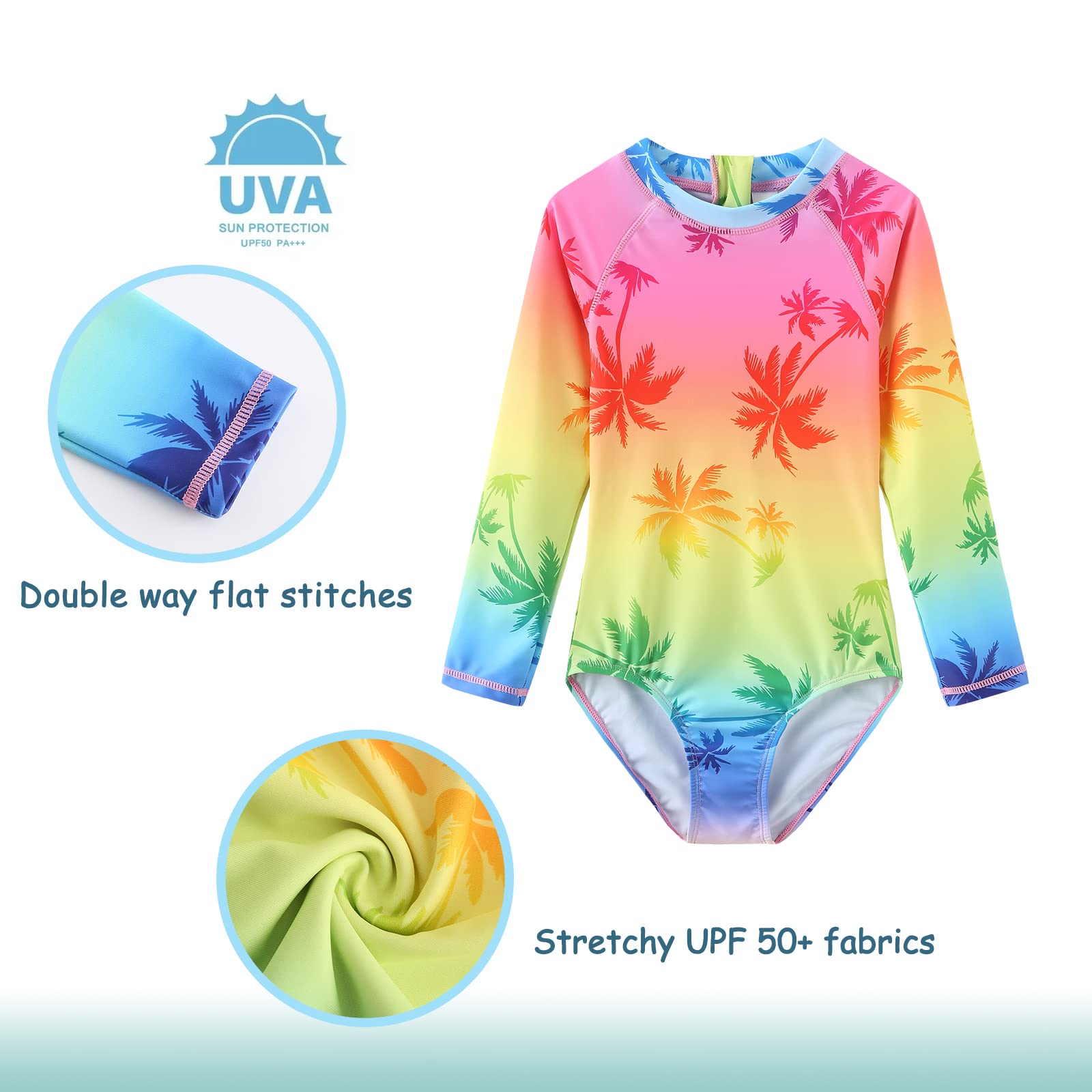 Trajes de baño de una pieza para niñas de manga larga con protección solar UPF 50+