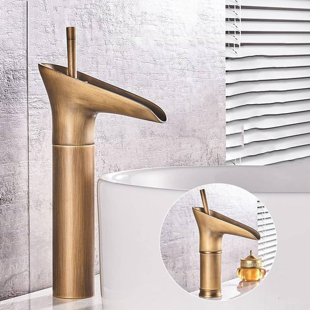 EasyByMall Robinet mitigeur de lavabo cascade, robinet d'évier de salle de bain, robinet de tasse à vin en cuivre, robinet mélangeur de lavabo chaud et froid, robinet à levier unique en laiton