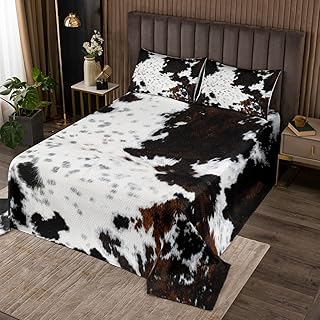 Manfei Cow Fur Bedspread Queen Size White Black Brown Cowhide Coverlet Set 3pcs for Kids Boys Teens Room Decor, Animal Skin Print Quilted Coverlet Farmhouse Cow Print Bedding Quilt with 2 Pillowcases