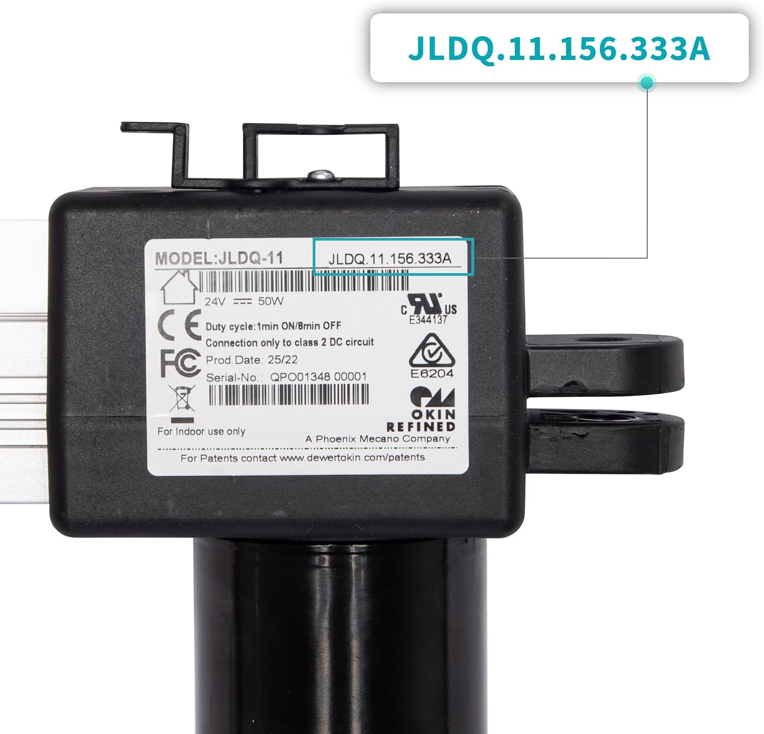 Close-up of Okin JLDQ.11.156.333A motor label