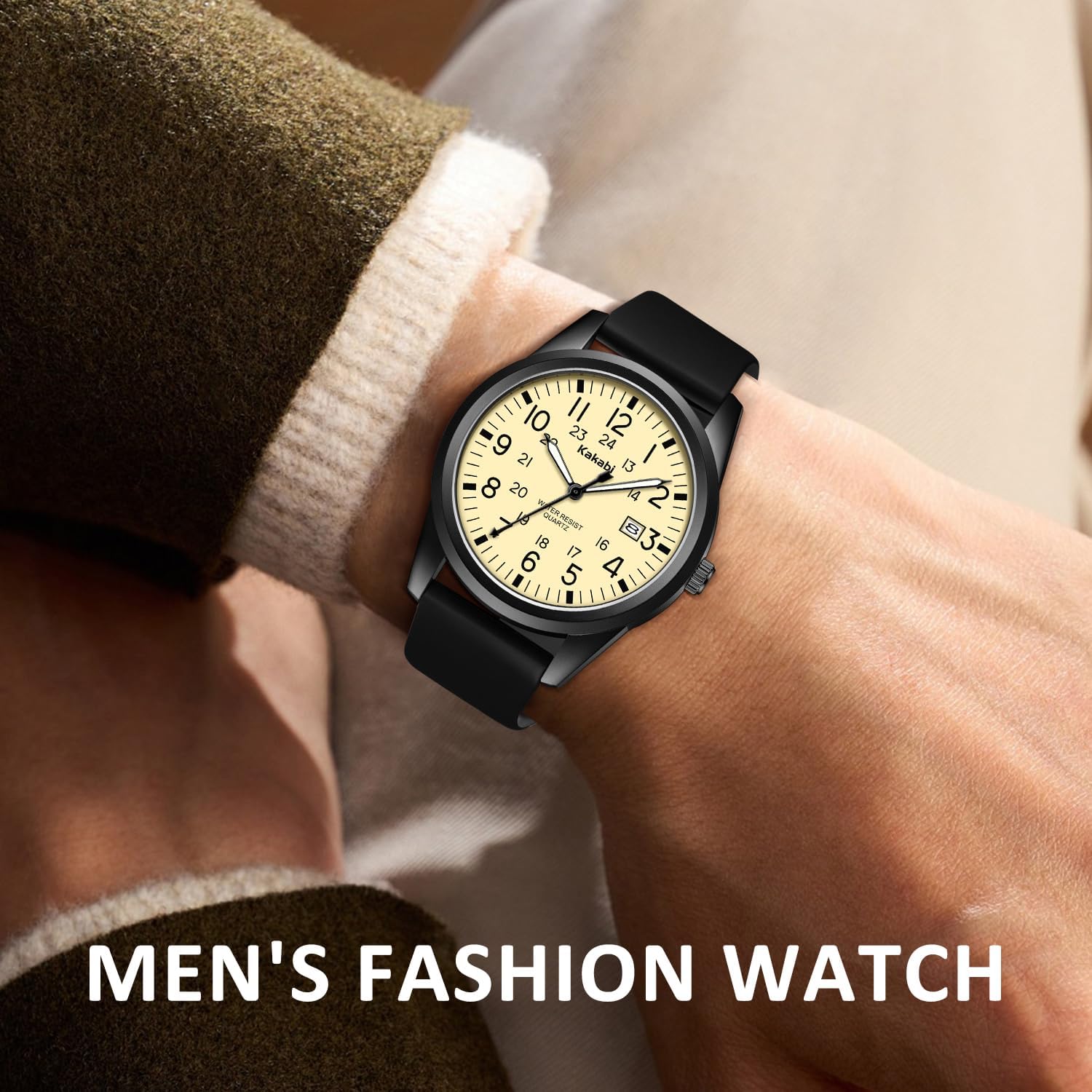Men's Easy to Read Watch, Unisex Military Sport Analog Quartz Casual Wristwatch with Comfortable Silicone Strap, 24 Hour Time, 30M Water Resistance