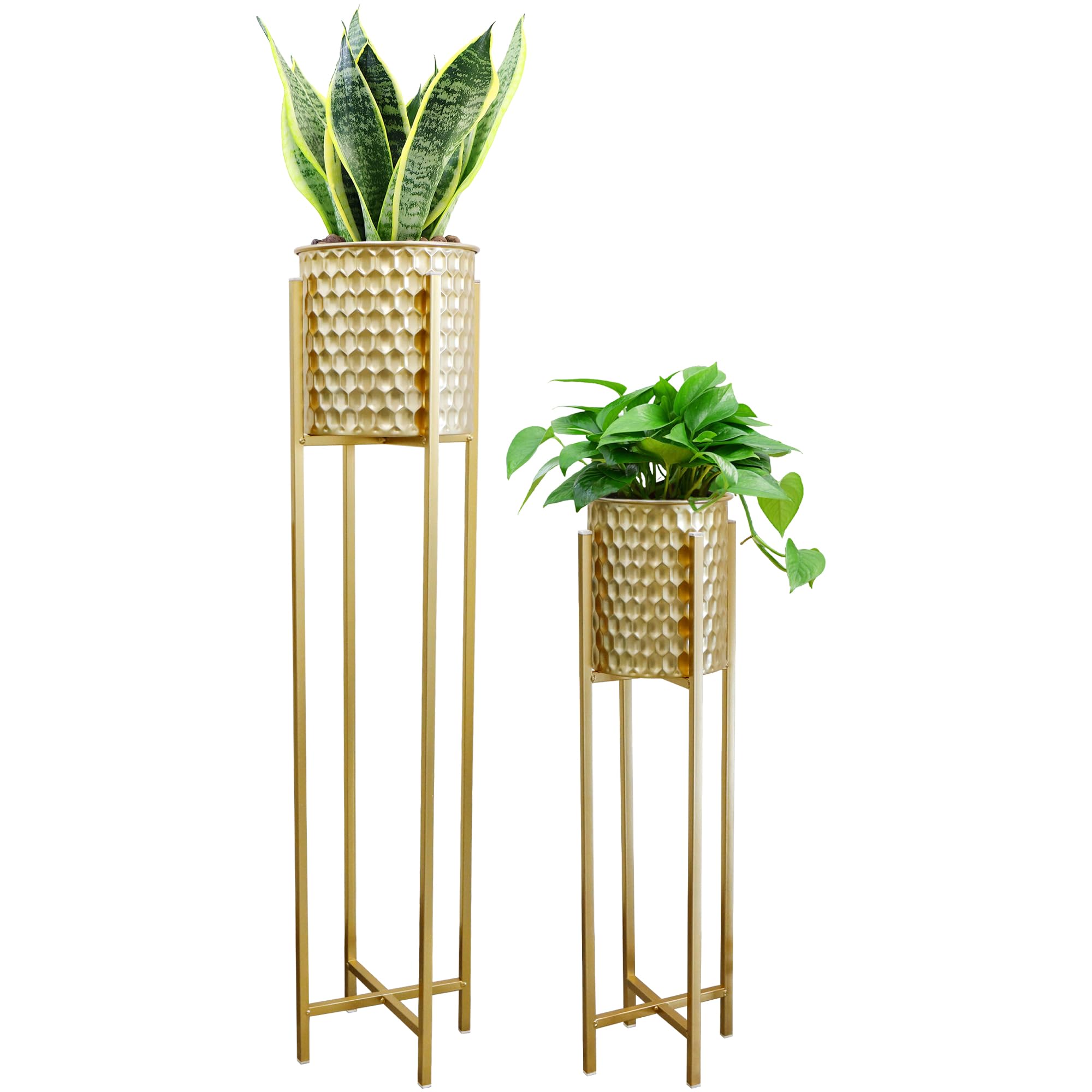 TRIROCKS Set of 2 Modern Metal Planters With Stand for Plants 105 & 75 cm Tall Flower Pot Holder Rack for Indoor Outdoor Decor Living Room Corner Garden Patio Wedding Events(Golden Honeycomb Stamping)