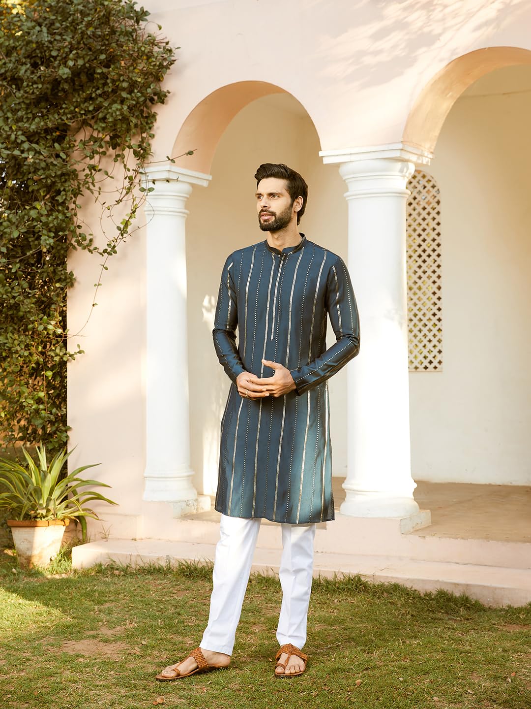 See Designs Men Full Sleeve Teal And Gold Chanderi Silk Sequins Mandarin Collar Side Slit Kurta With Pyjama - SDKT242801S - Image 7 thumbnail