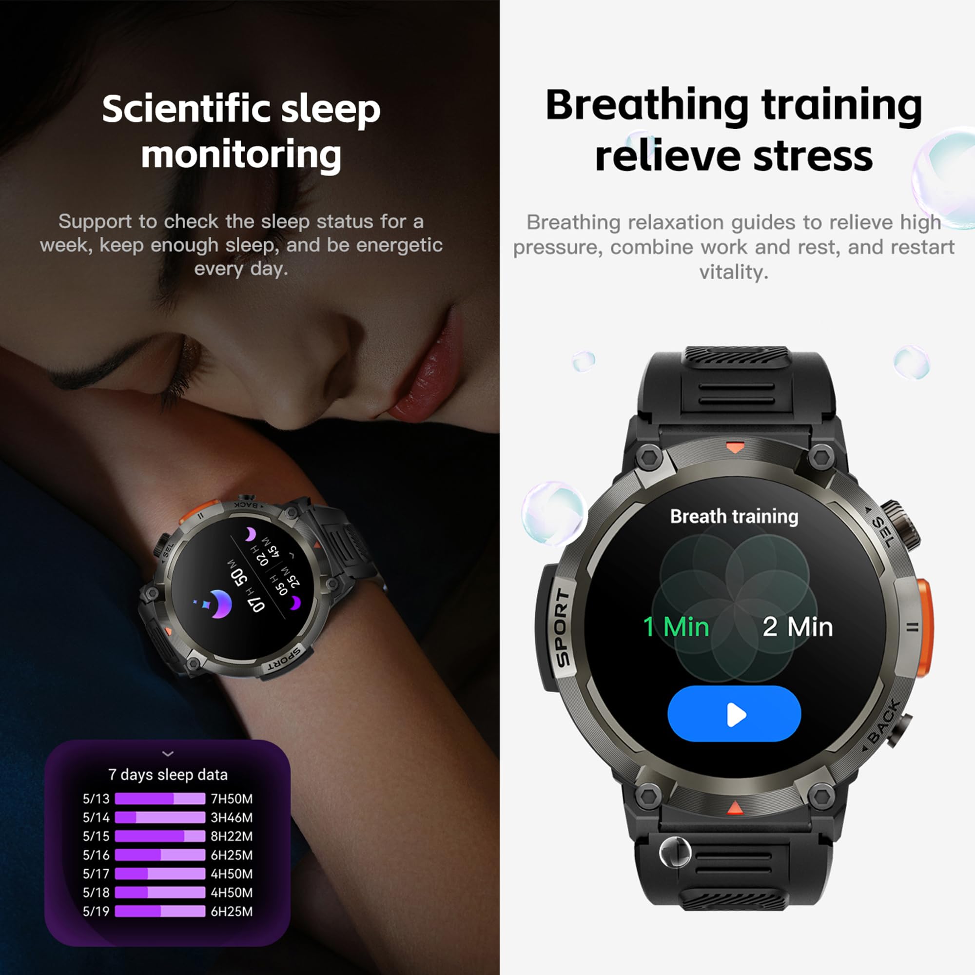Smartwatche Mężczyźni z Funkcje Telefonu Bluetooth, Sportowy Smartwatch 1,45 Cala ze 123 trybami Sportowymi, Pochodnia, Pomiarem Tętna, Odtwarzaczem Muzycznym, Wodoodpornością IP68 dla Android iOS