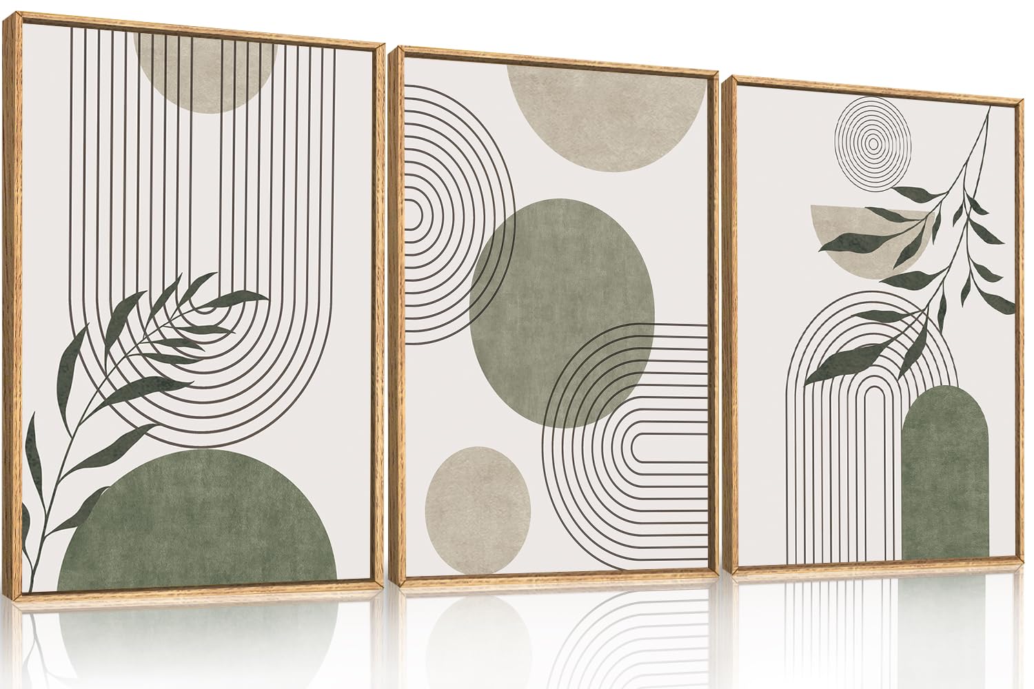KAIRNE Boho Abstract Wall Art Set, Sage Green Beige Mid Century Modern Prints Minimalist Geometric Line Art with Botanical Leaves for Living Room Bedroom Office Decor 12 x 16inch x 3 โ image 1