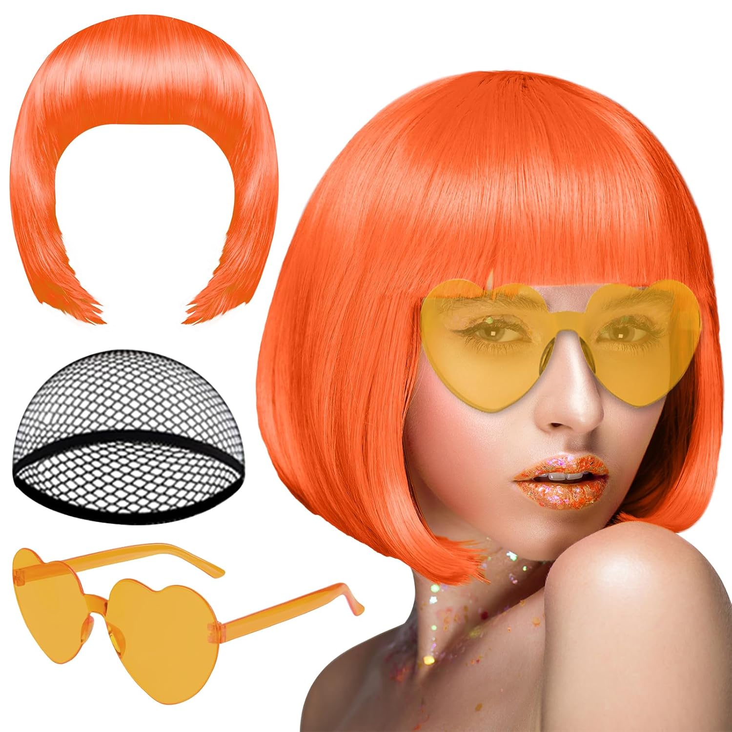 PLULON Orange Short Bob Wig and Sunglass Set, Neon Short Bob Wig Sunglass Pack Costume Colorful Cosplay Wig Hairpieces for Bachelorette Neon Party Favors, Halloween Decorations