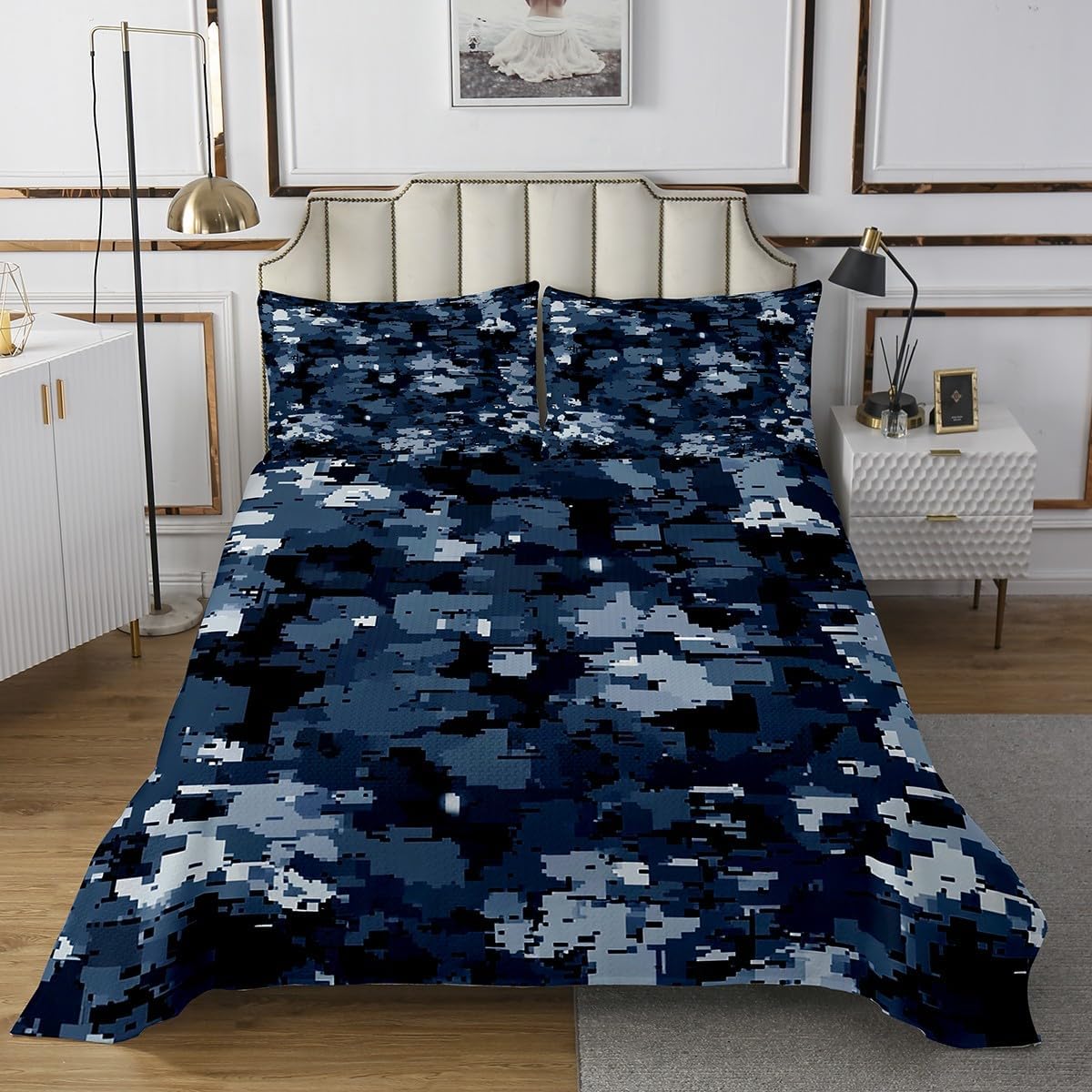 Pixelated Blocks Miners Kids Bedspread Twin Size,Army Caomo Military Video Games Coverlet Set,Girls Boys Room Decor,Camouflage Gamepad Modern Quilted Coverlet,Dark Blue Bedding Quilt,1 Pillowcase