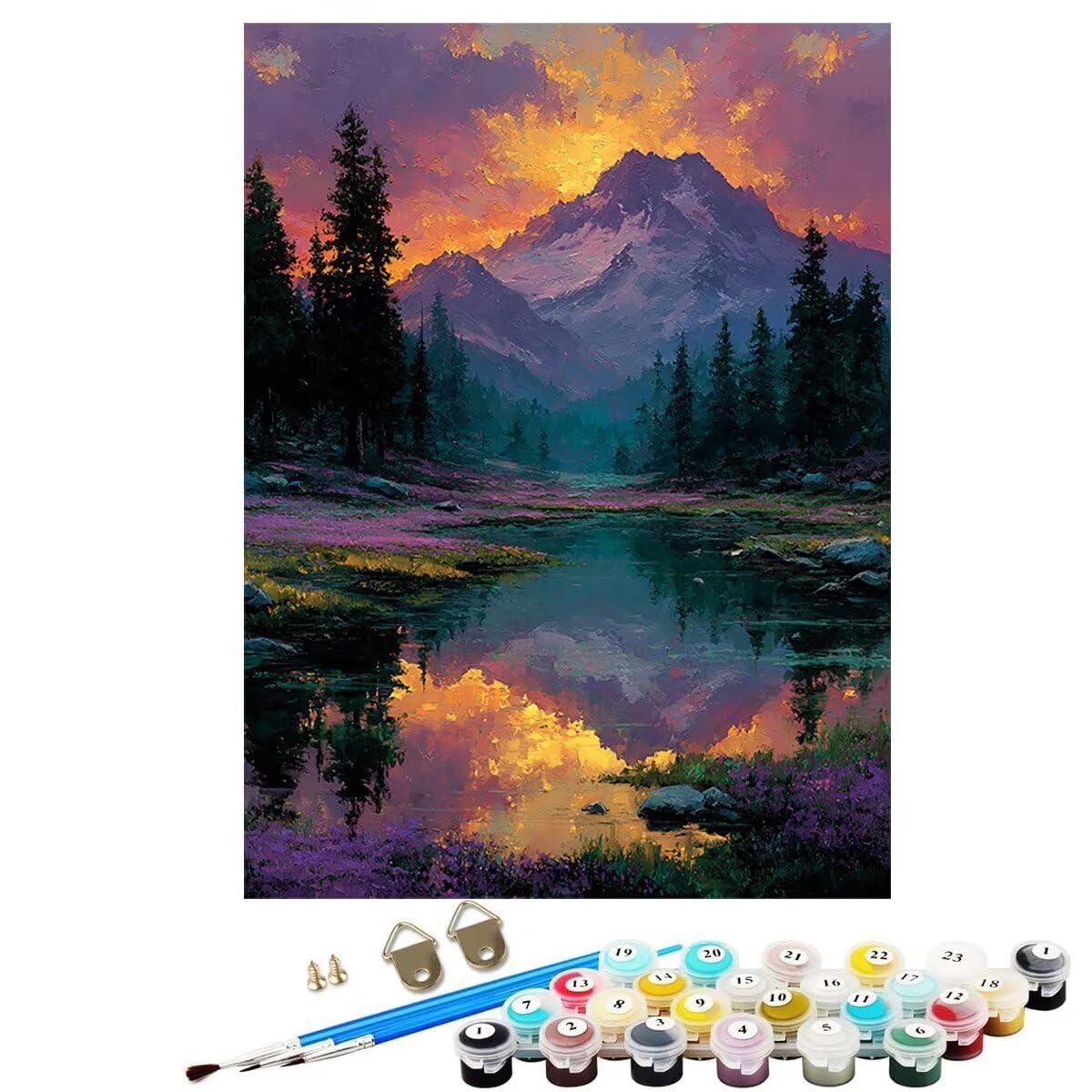 Landschaft Berg Malen Nach Zahlen Erwachsene, Paint by Numbers Adult Anfänger Set, Heimwerk Malen Nach Zahlen Kinder Mit Rahmen, 3 Pinsel und 36 Acrylfarbe Als für Deko Wohnzimmer 60 x 80 cm BJHDK448
