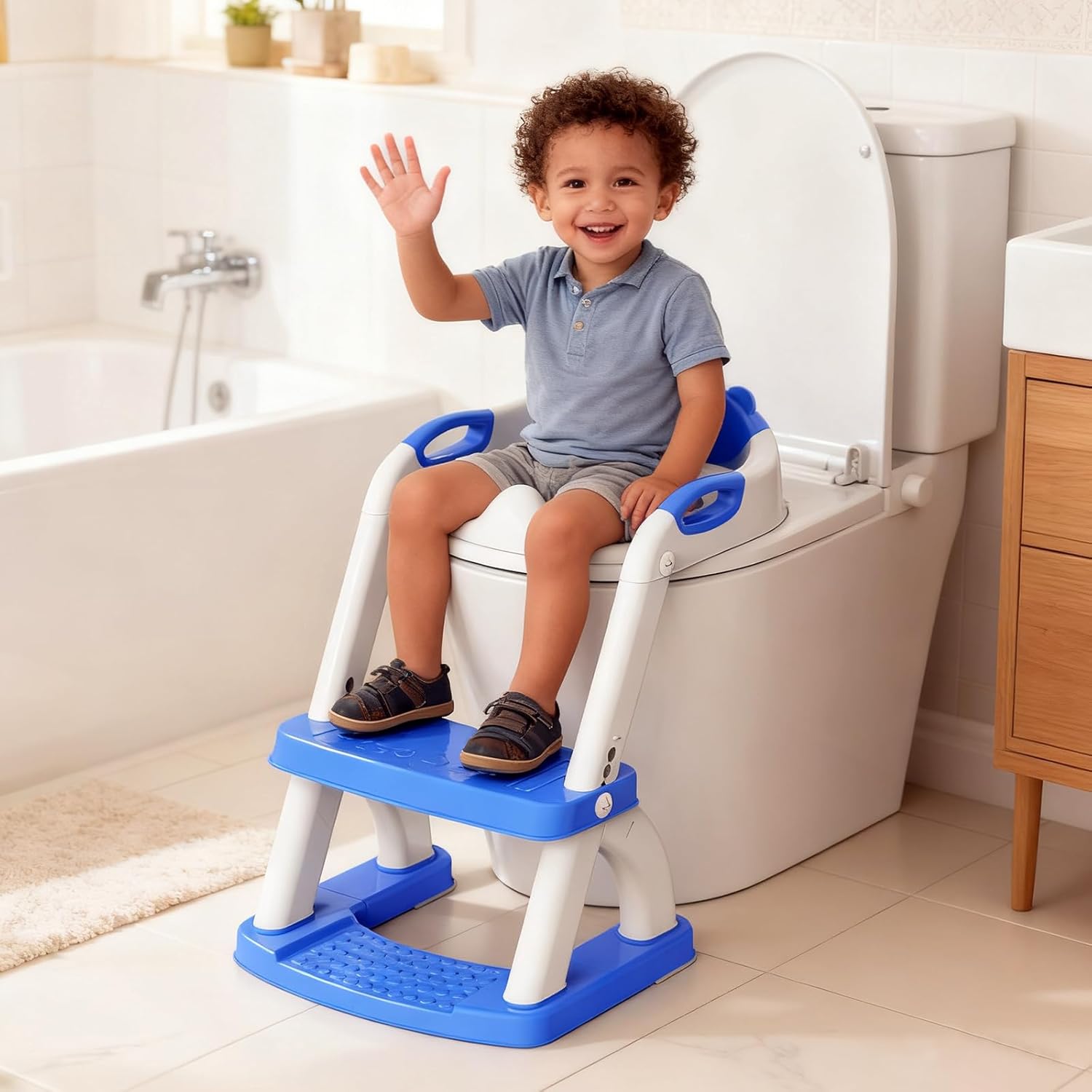 Potty Training Seat, SKYROKU Potty Training Toilet with Step Stool Ladder, for Kids Boys Girls Toddlers - Comfortable Safe Potty Seat with Anti-Slip Pads Ladder (8899+DarkBlue) - Image 2