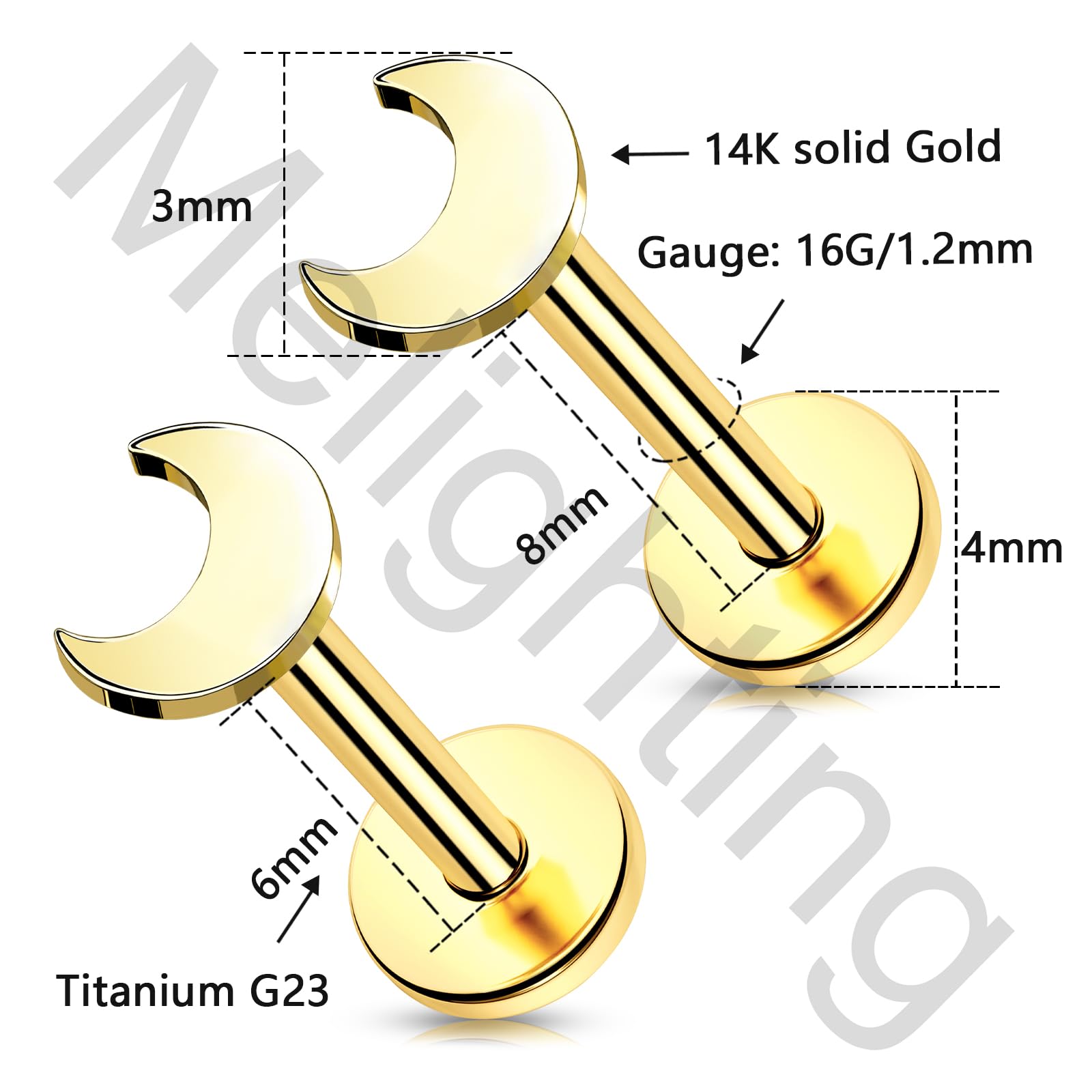 Melighting Orecchino piatto posteriore in oro giallo 14 K, orecchino helix, titanio senza fili, spinta in cartilagine, orecchini 16 g, trago stud cuore medusa piercing gioielli