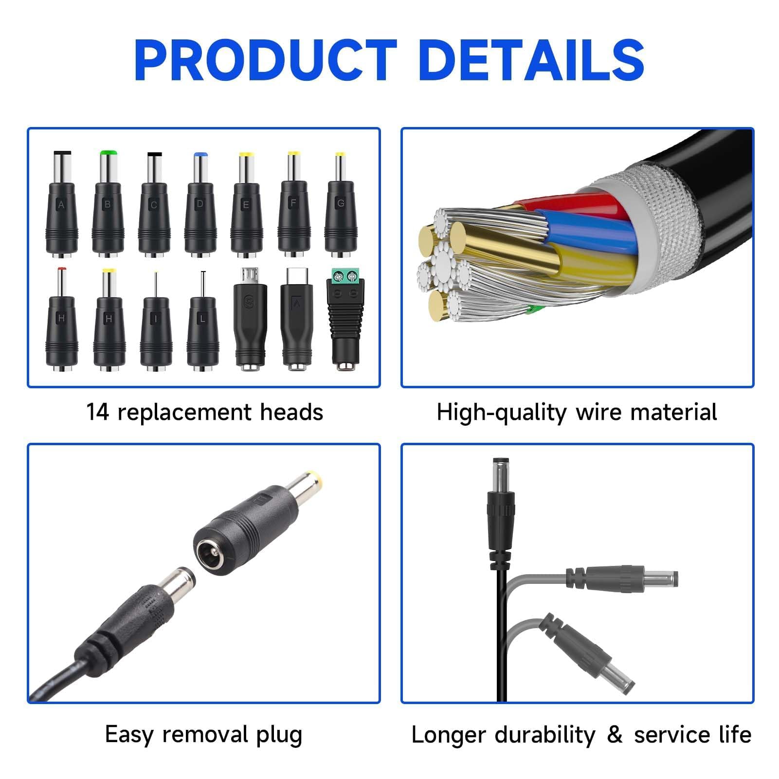 14 en 1 Chargeur Câble USB A vers DC 5.5x2.1 mm Câble Adaptateur DC Rond avec Embout Micro/Type-C Connecteurs pour Ventilateurs Routeurs Lampes Ruban LED Rasoir Box TV PC Diffuseur Universel 1M - 4