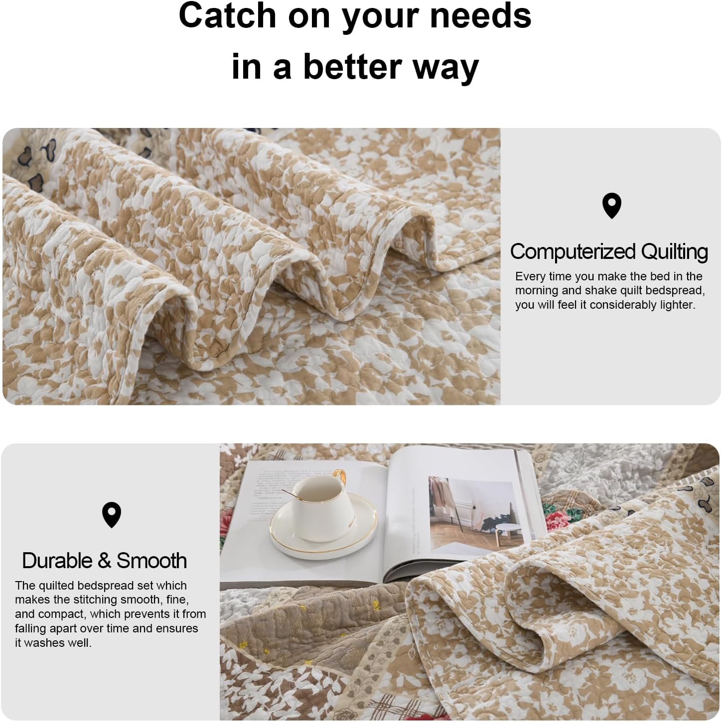 PANGUSHAN 100% Cotton Quilt Set King Size, King Quilt Bedding Set Bedspreads, Reversible Floral Farmhouse Lightweight Comforter Quilt for King Bed, Brown/Red/Gray Bed Spread for All Season