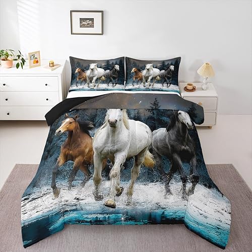 Feelyou Juego de edredón de caballo al galope, juego de ropa de cama para niños y niñas, edredón de vida silvestre, juego de edredón de animales de