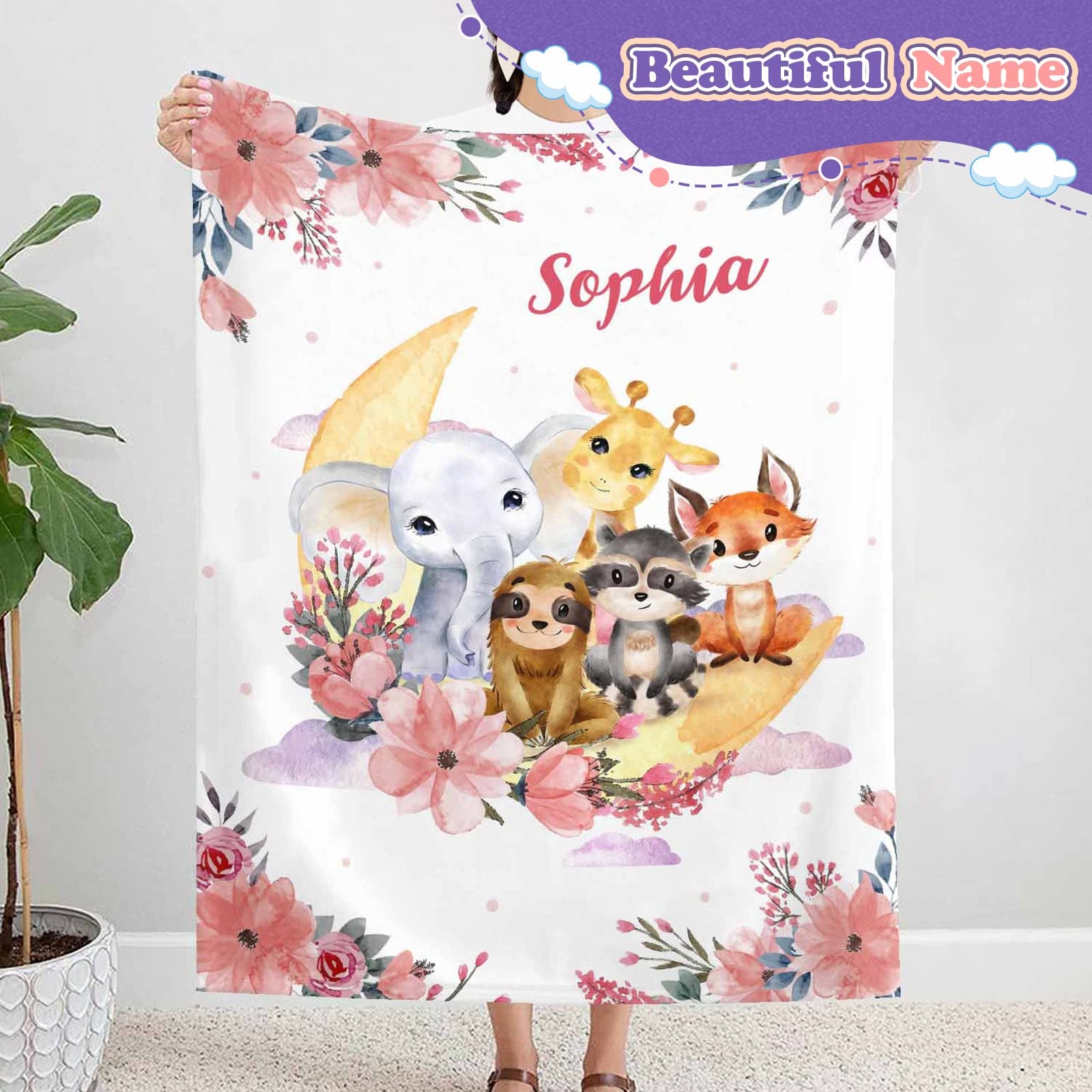 ABERPOR Personalized Baby Blankets For Girls,Soft Animals Customized Baby Blanket For Kids,Personalized Newborn Baby Gifts And Toddler Blanket,Adults Personalized Flannel Blankets With Name