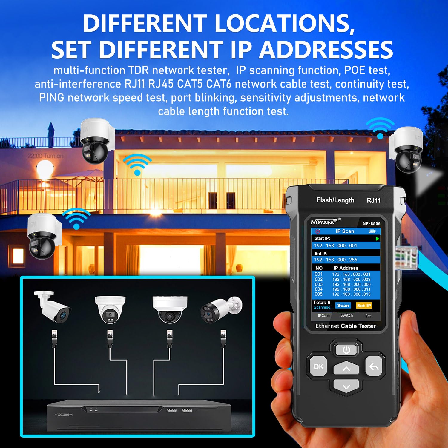 NF-8506 Netzwerkkabel-Tester mit IP-Scanner, Netzwertratentest, TDR/POE/Ping/CAT5 CAT6, Netzwerkkabel-Toner für RJ11, RJ45, LAN, Ethernet-Kabeltester, Telefonkabelfinder, professionelles