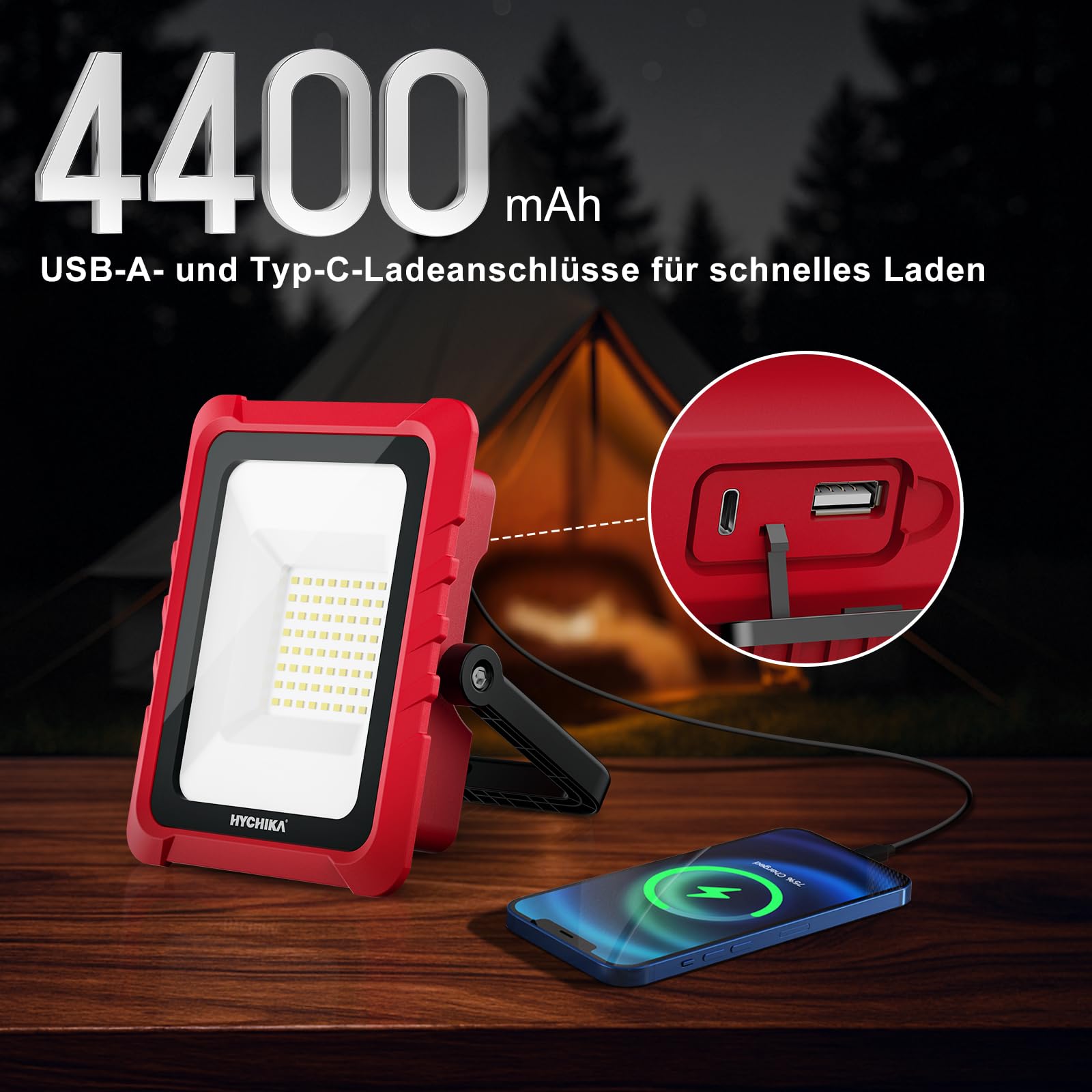 HYCHIKA reflektor LED akumulatorowy, 20 W, 2000 lm, 6500 K, z portami ładowania USB i typu C, wodoszczelność IP65, nadaje się na kemping, na plac budowy