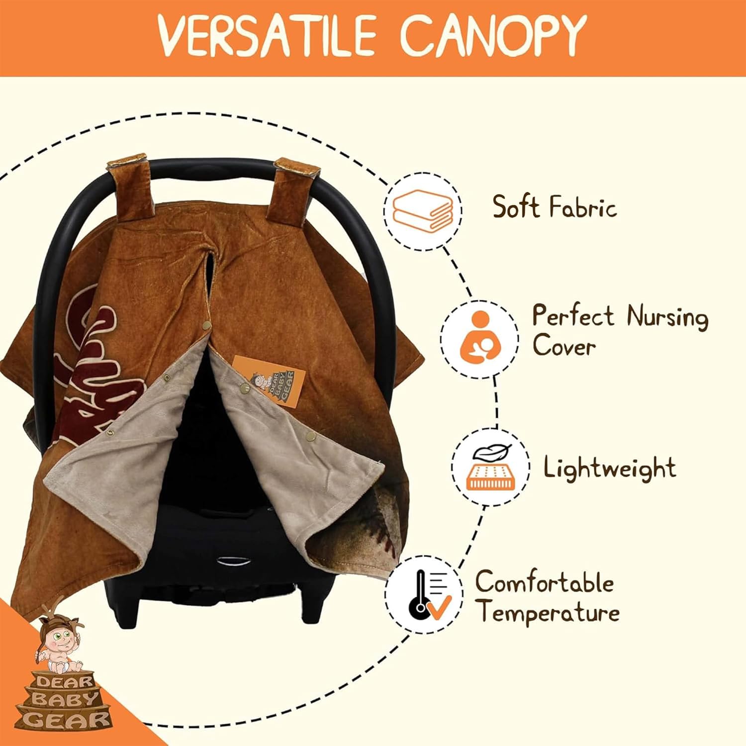 Dear Baby Gear Car Seat Cover for Boys & Girls - Baby Carseat Canopy w/Snap Opening - Infant Seat Cover - Stroller & Nursing Covers - Newborn Carrier Canopy - 40x30" (Slugger Baseball - Smooth Brown)